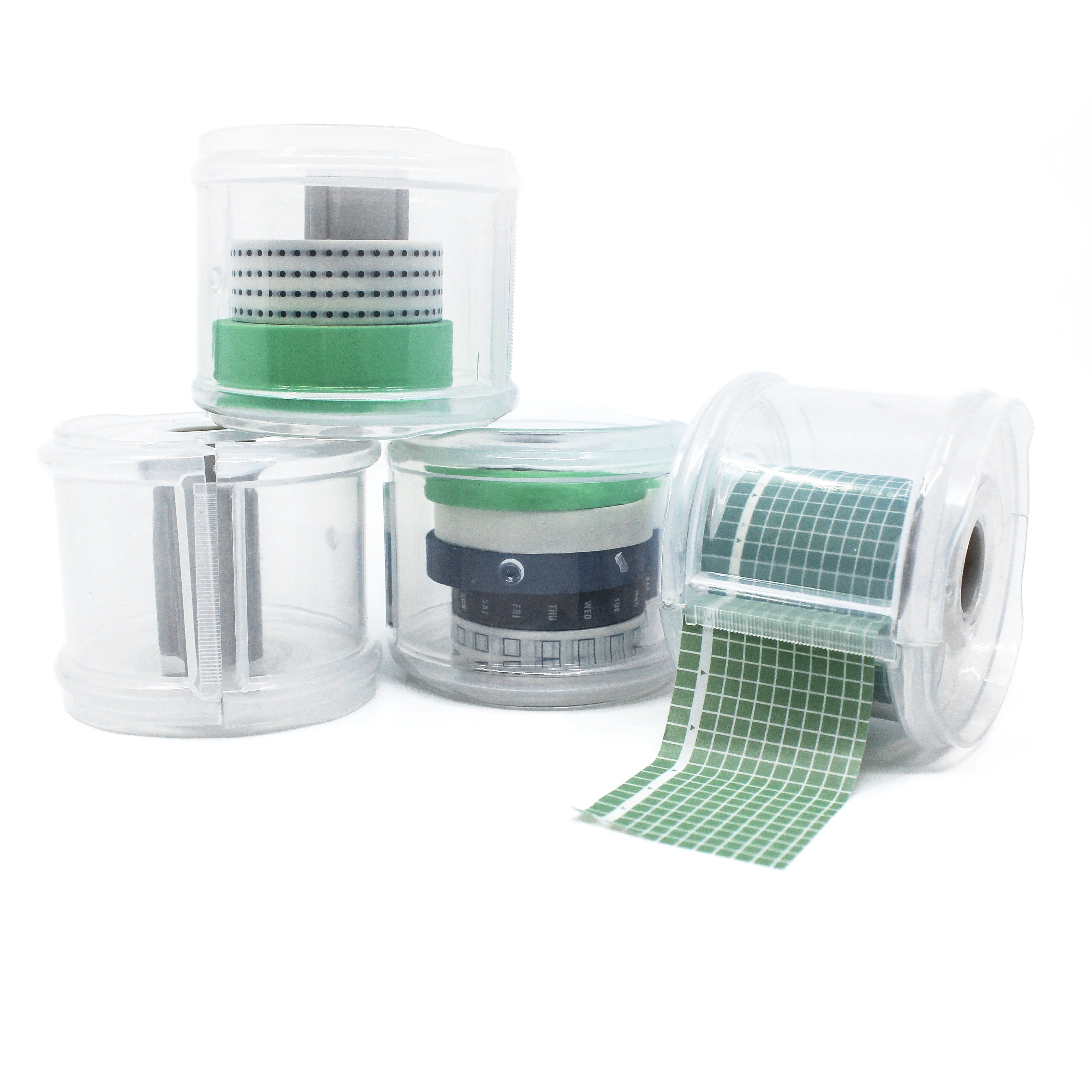 Front of the clear washi tape dispenser tool from BBB Supplies on a white background showing multiple sizes