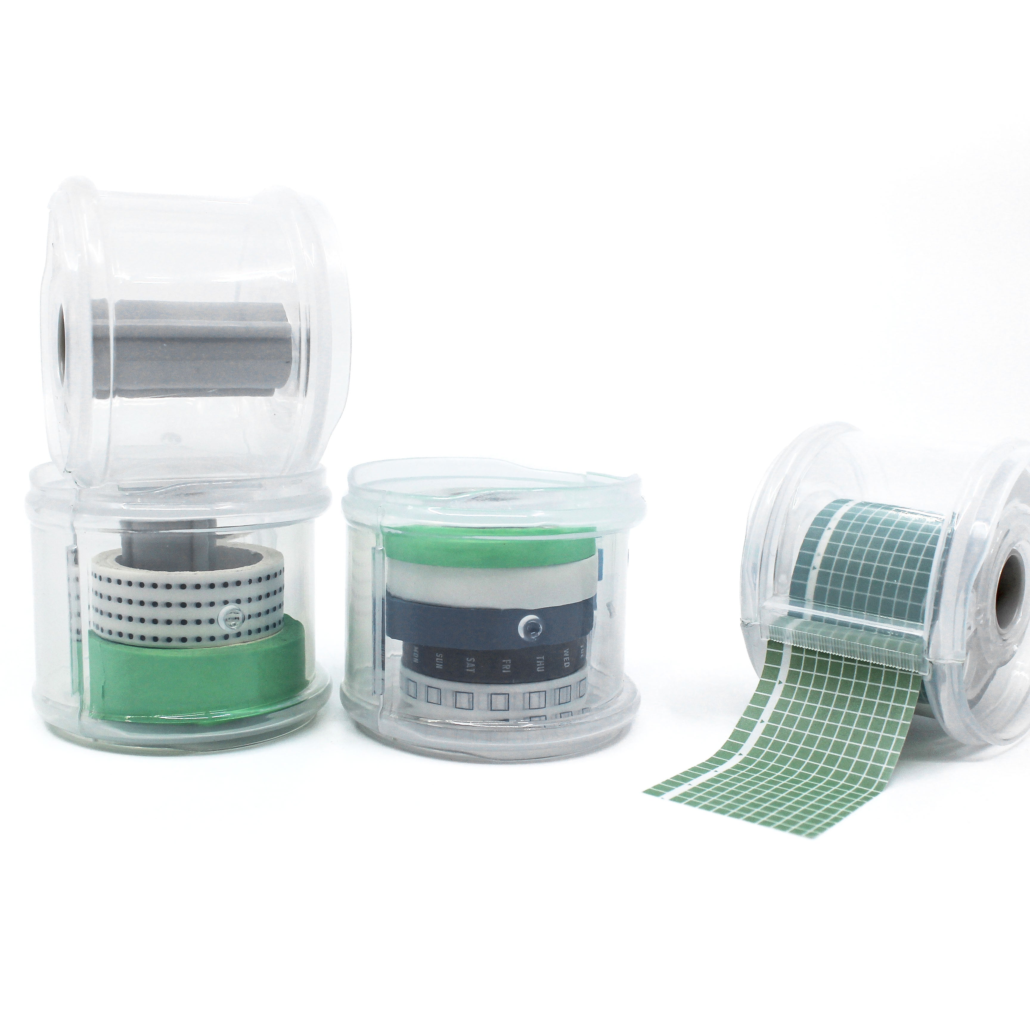 Options of size tapes that fit inside clear container Dispenser on a white background