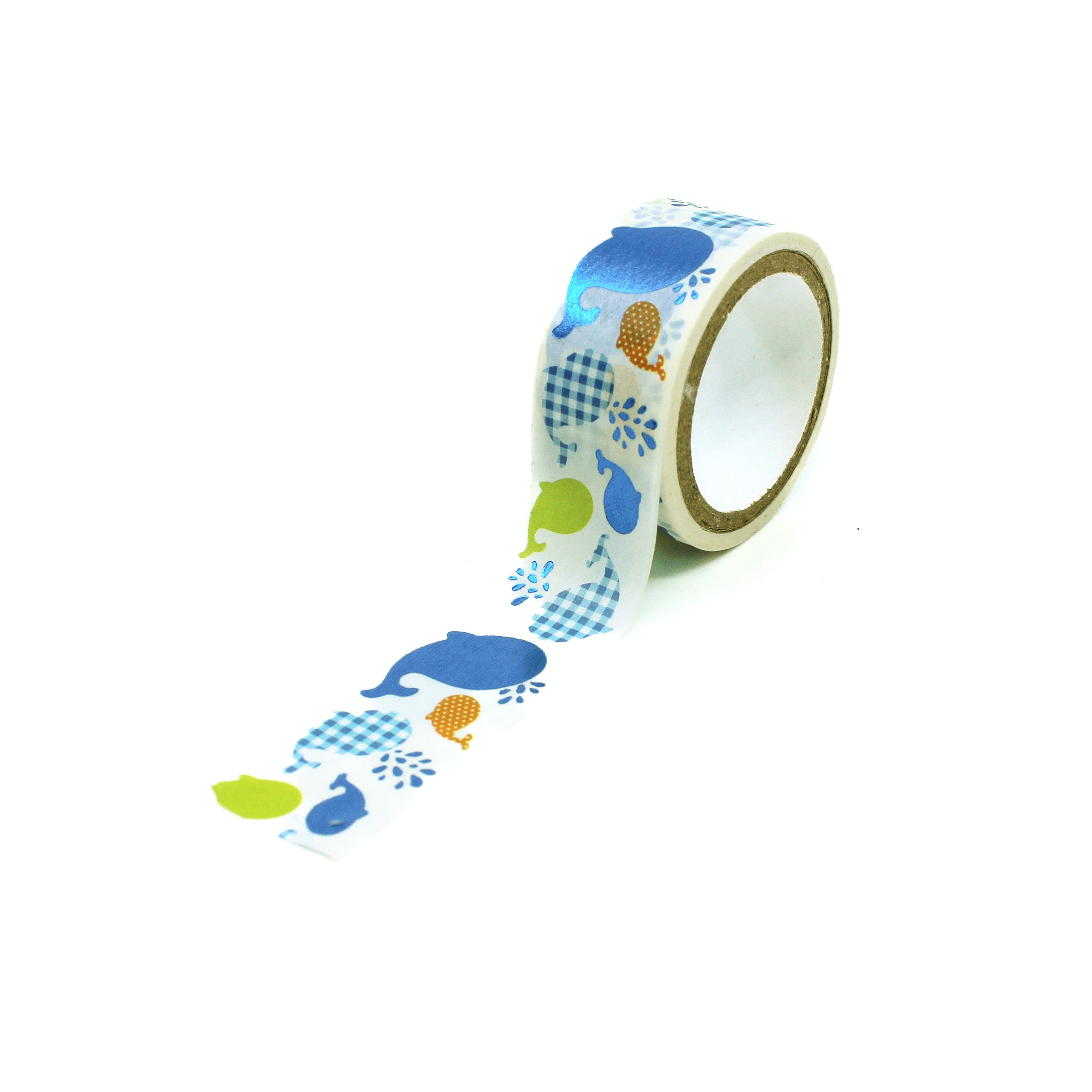 Colorful whale pattern craft tape displayed on bright yellow background.