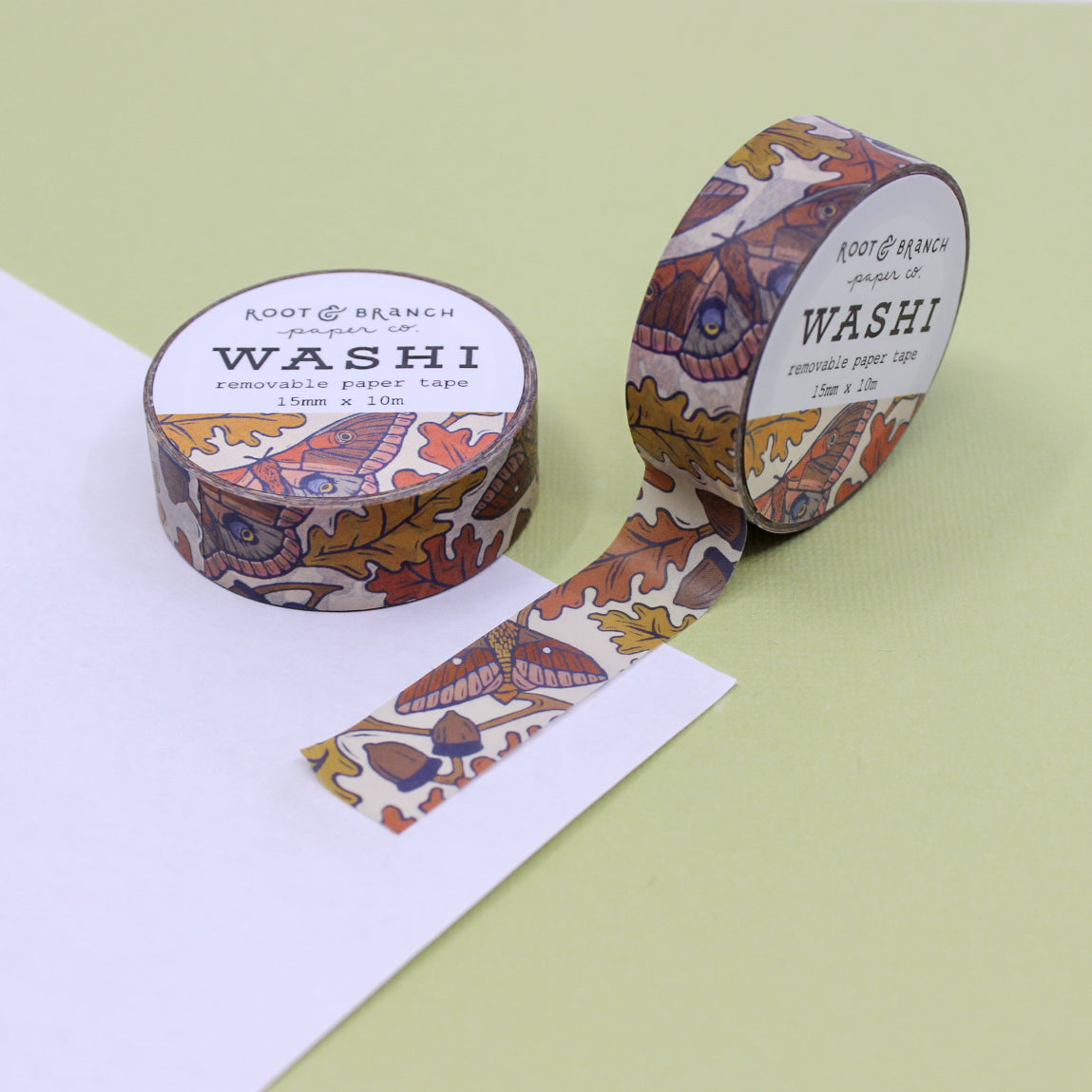 White Oak Autumn Butterflies Washi Tape, a captivating design with delicate butterflies amidst the colors of fall leaves, perfect for seasonal crafting. This washi is from Root & Branch Paper Co. and sold at BBB Supplies Craft Shop.