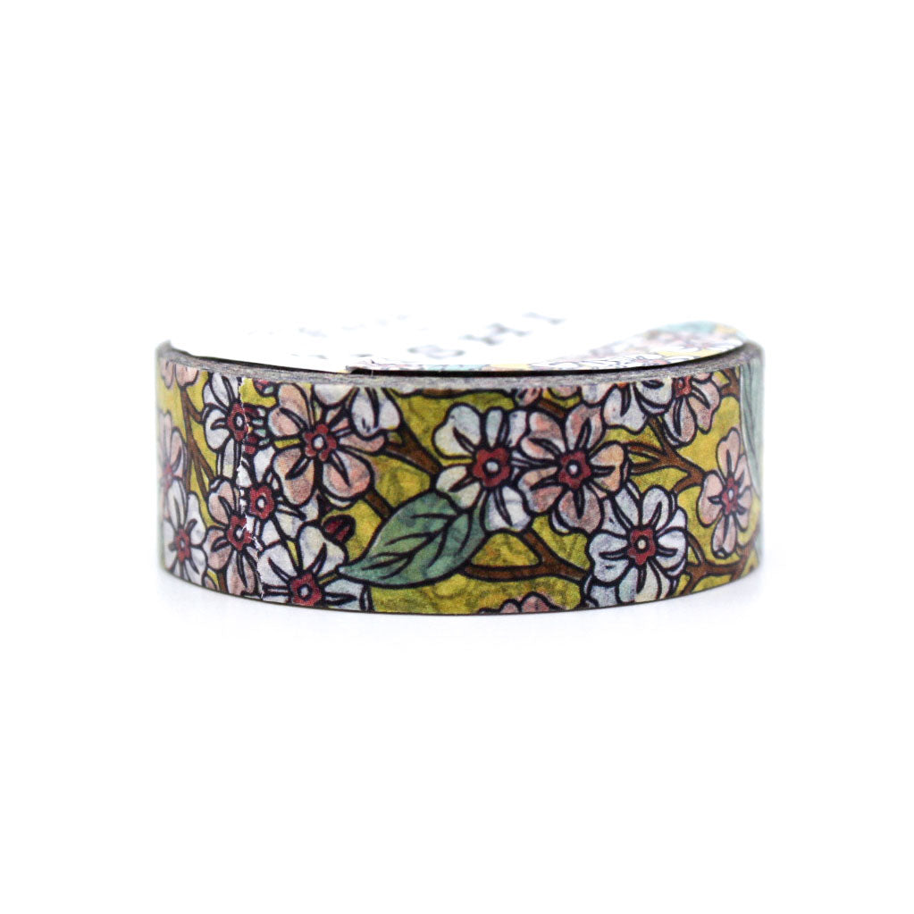This Pink Blooms Washi Tape features a vibrant yellow backdrop adorned with beautiful pink and white blossoms and foliage, creating a cheerful and lively design. This colorful washi tape is perfect for adding a pop of color and a touch of nature-inspired beauty to your planners, journals, and craft projects