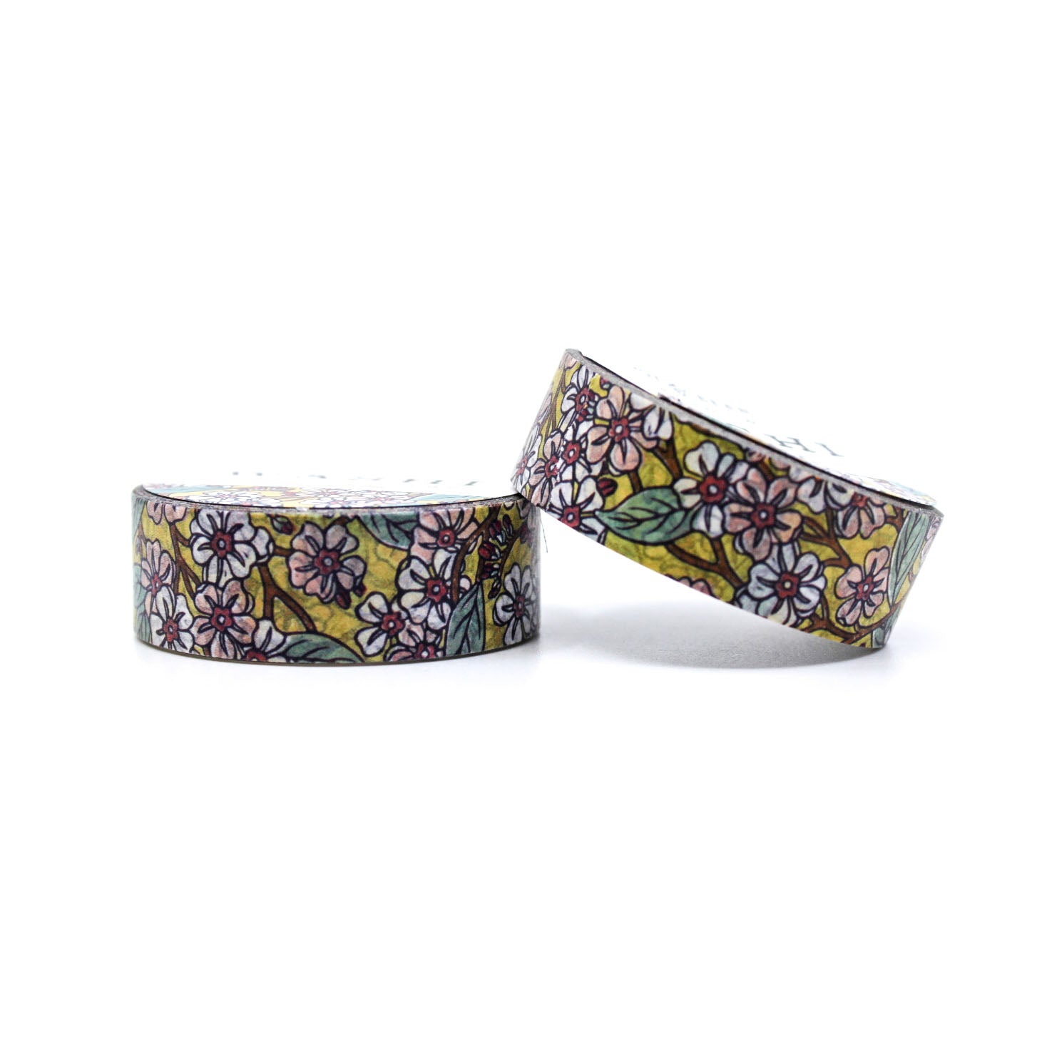 This Pink Blooms Washi Tape features a vibrant yellow backdrop adorned with beautiful pink and white blossoms and foliage, creating a cheerful and lively design. This colorful washi tape is perfect for adding a pop of color and a touch of nature-inspired beauty to your planners, journals, and craft projects