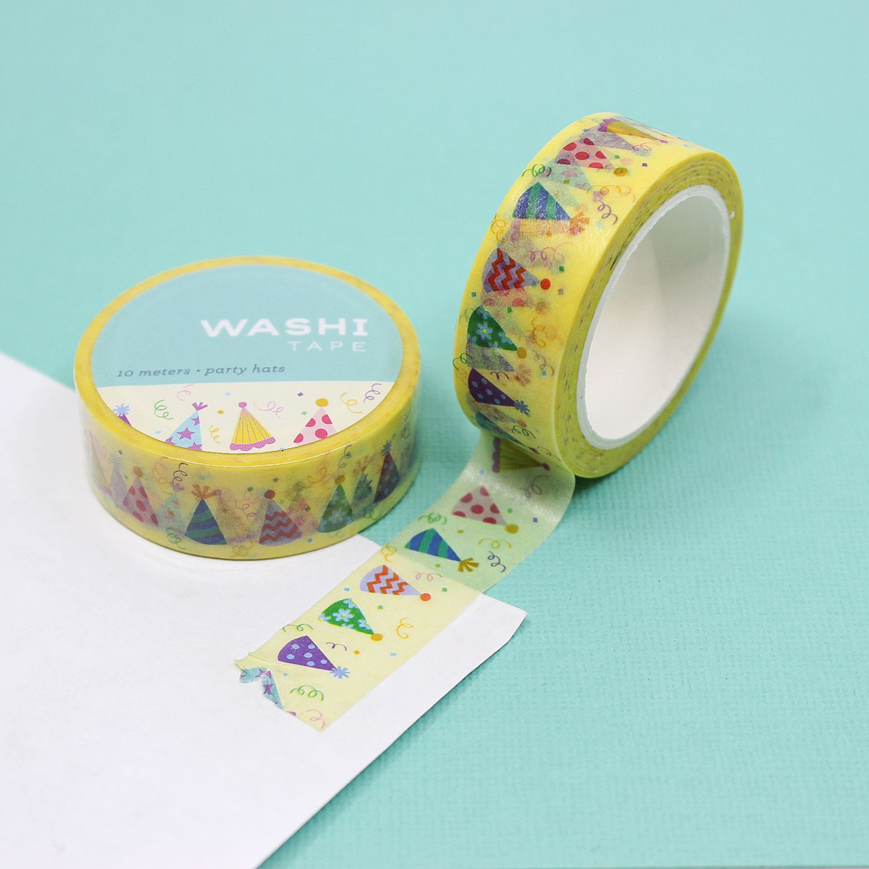 Yellow Party Hats Washi Tape featuring cheerful yellow hats with colorful accents, ideal for party-themed crafts, planners, and scrapbooking projects.