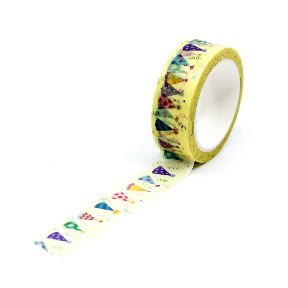 Yellow Party Hats Washi Tape featuring cheerful yellow hats with colorful accents, ideal for party-themed crafts, planners, and scrapbooking projects.