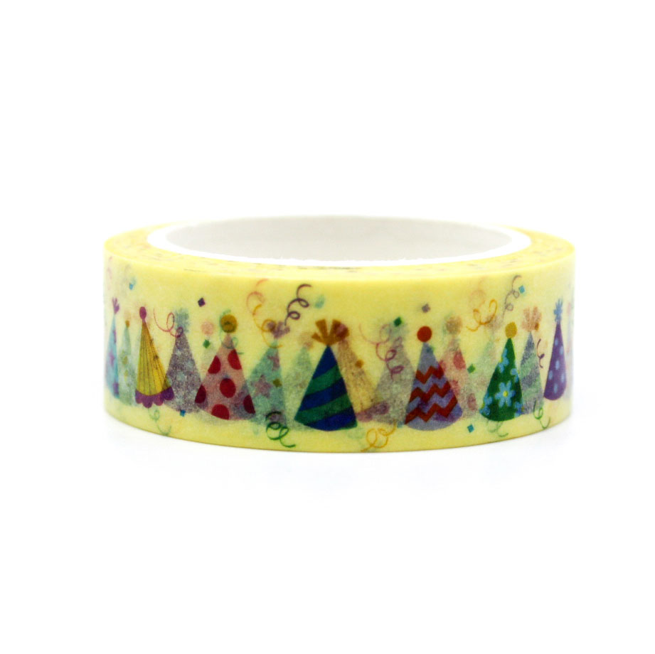 Yellow Party Hats Washi Tape featuring cheerful yellow hats with colorful accents, ideal for party-themed crafts, planners, and scrapbooking projects.