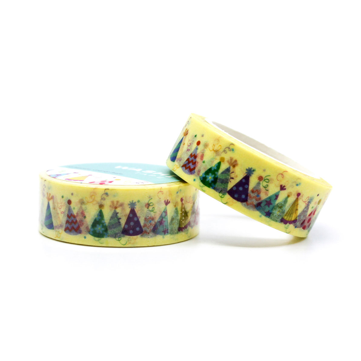 Yellow Party Hats Washi Tape featuring cheerful yellow hats with colorful accents, ideal for party-themed crafts, planners, and scrapbooking projects.
