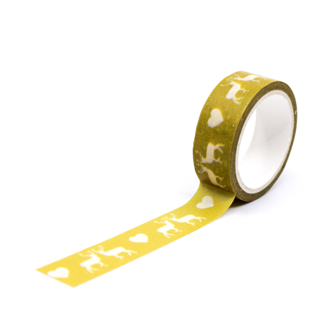 Yellow washi tape featuring cute deer and heart illustrations on a bright yellow background, ideal for scrapbooking and crafting.