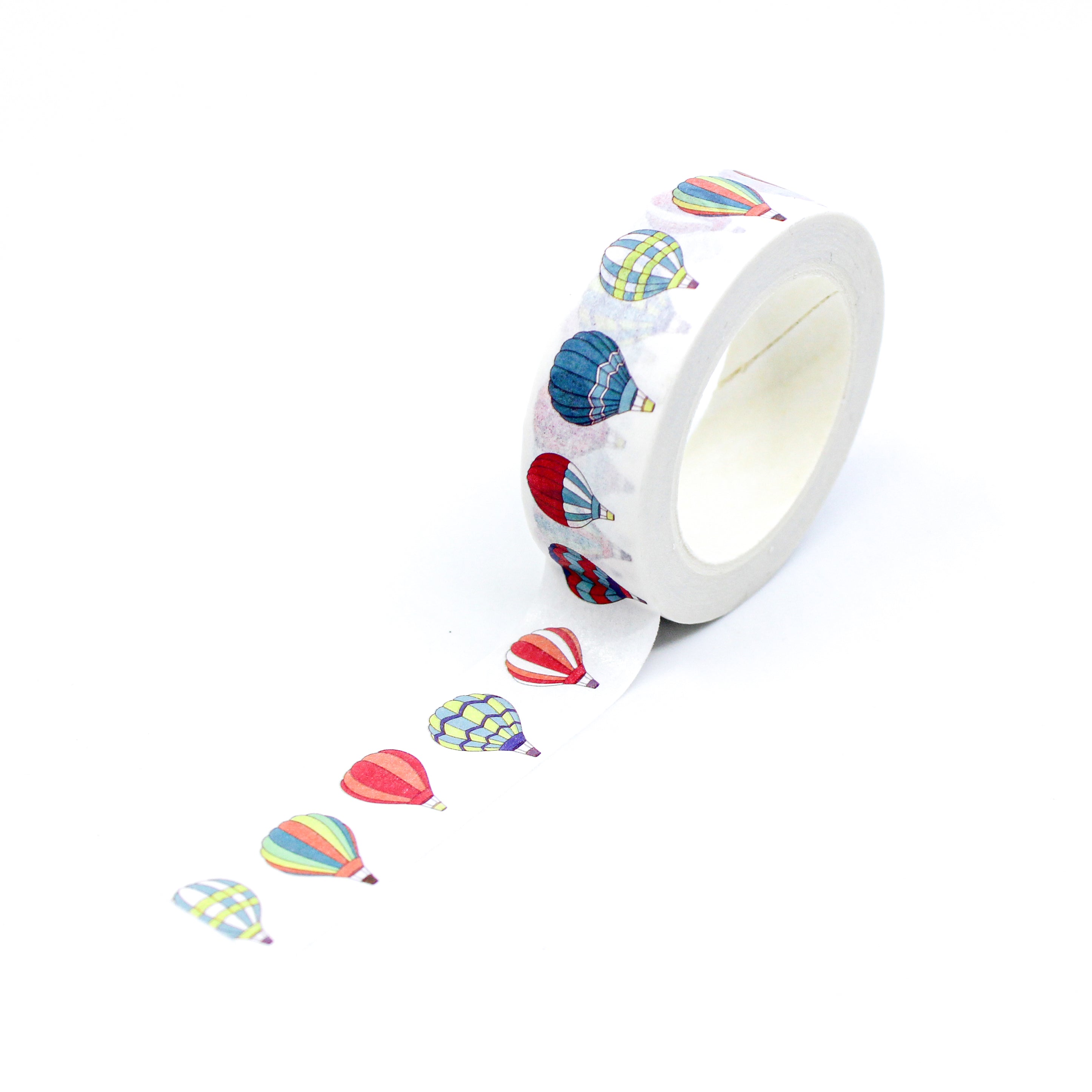 This a full pattern repeat view of colorful air balloons washi tape from BBB Supplies Craft Shop