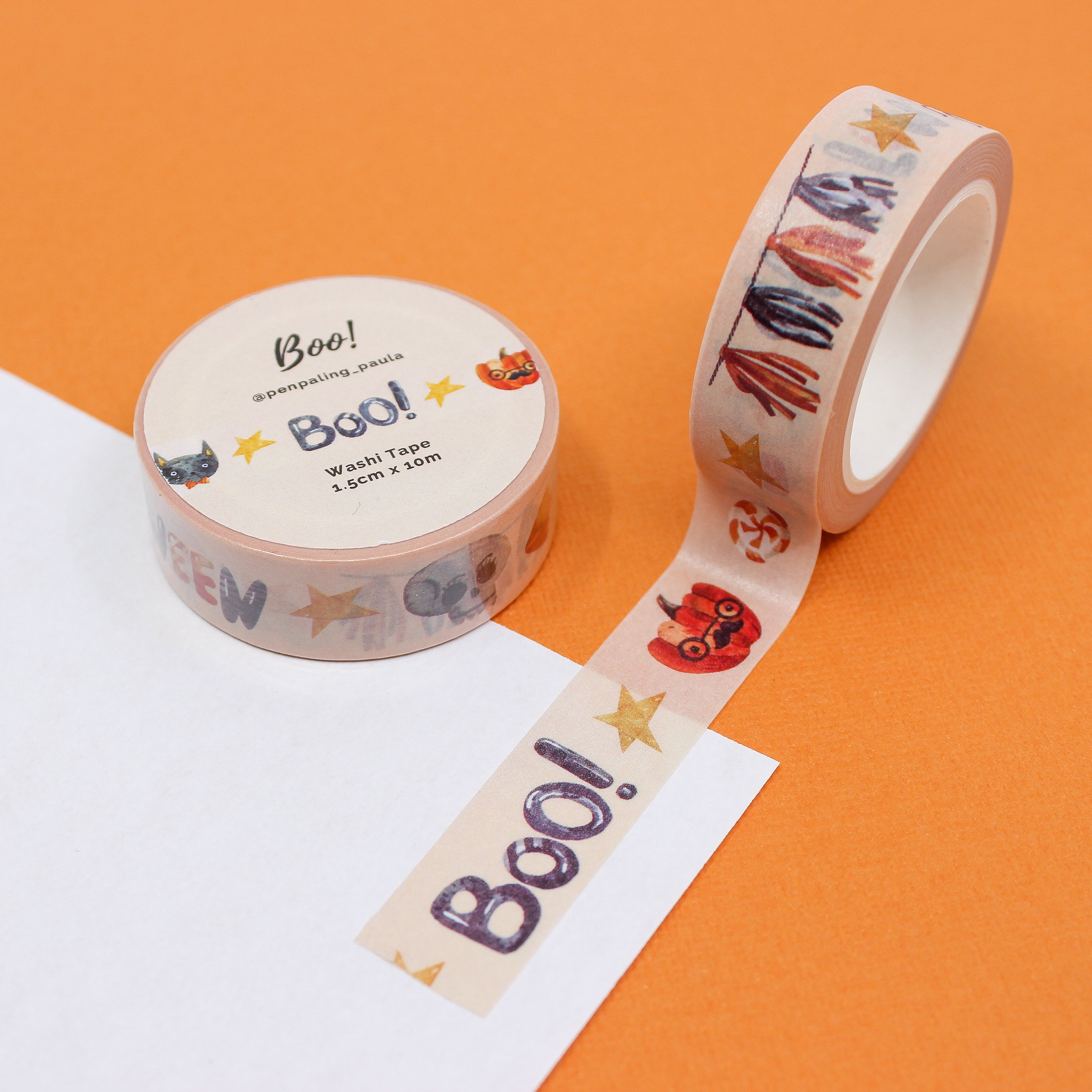 This is a black boo text and colorful pumpkin themed washi tape from BBB Supplies Craft Shop