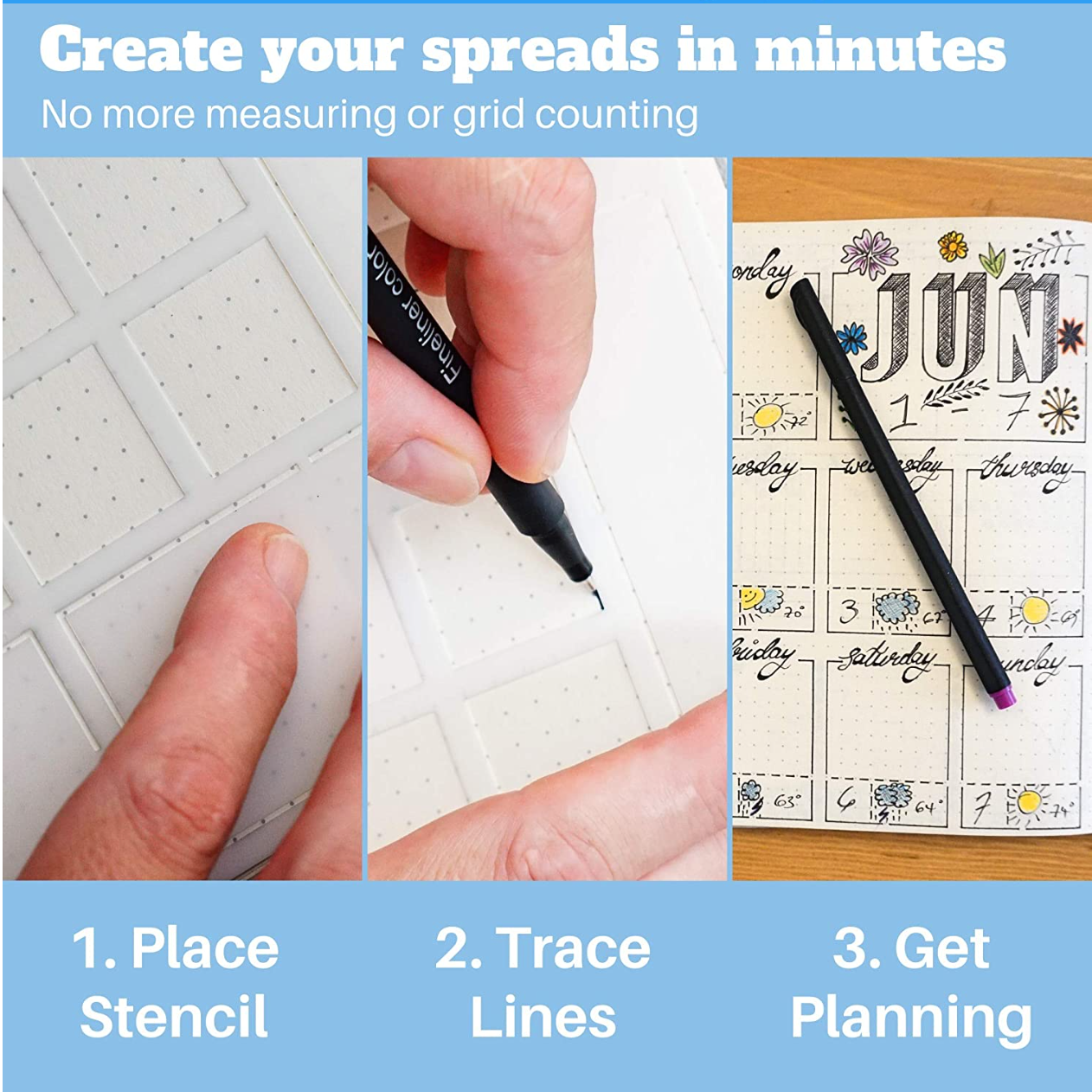 This photo shows you how you can use the stencil to Customize to your needs. You can decide what needs to be included on your spreads - whether it's a to-do list or goals or weather or your list of Netflix shows to watch this month.