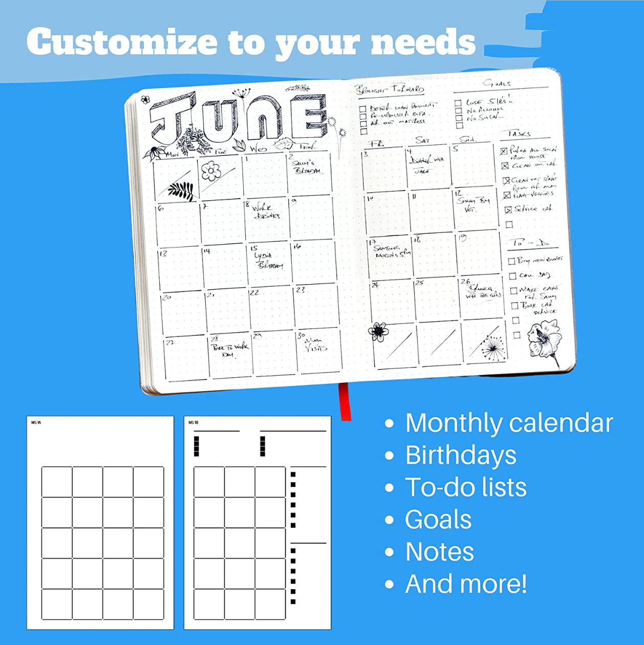 This is a photo of BBB Supplies monthly spread layout for BUJO. Save time by keeping it simple (no more hunting around Pinterest for inspiration for your next spread. No more counting dots to plan a layout. These spreads are ready-to-use) but still leave room for being creative.