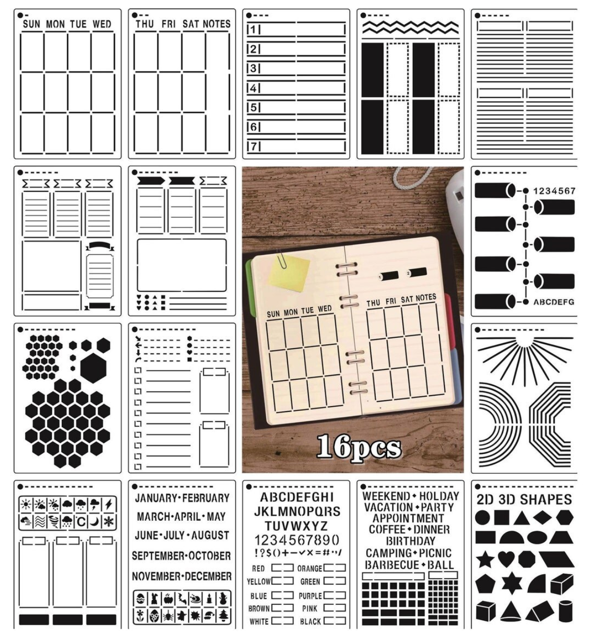 This photo shows you all the styles of this easy to use Journaling Stencils sold at BBB Supplies. Stencils include shapes, dates, letters, weekly spreads, to do lists, and habit trackers.