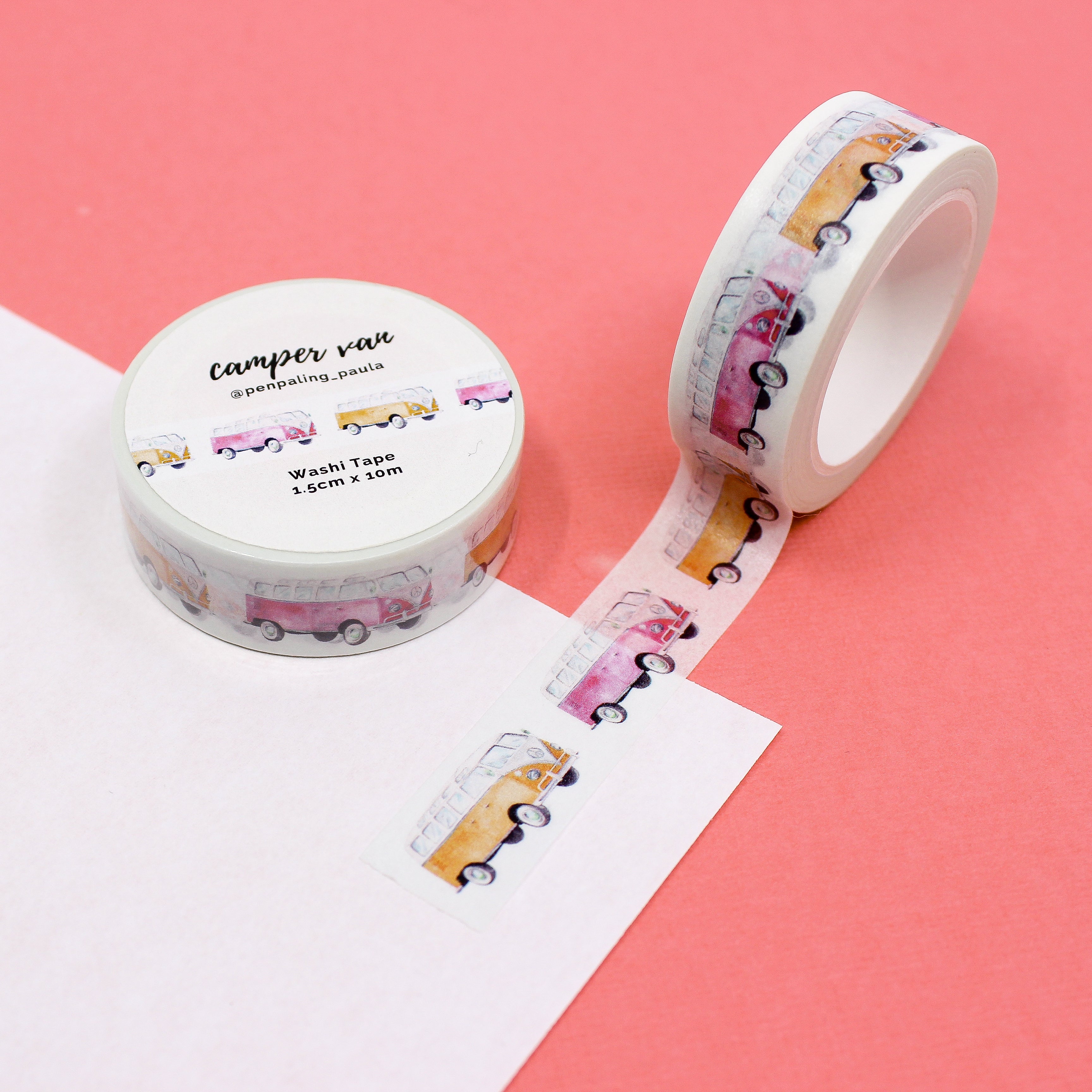 This is an orange and pink camper van themed washi tape from BBB Supplies Craft Shop