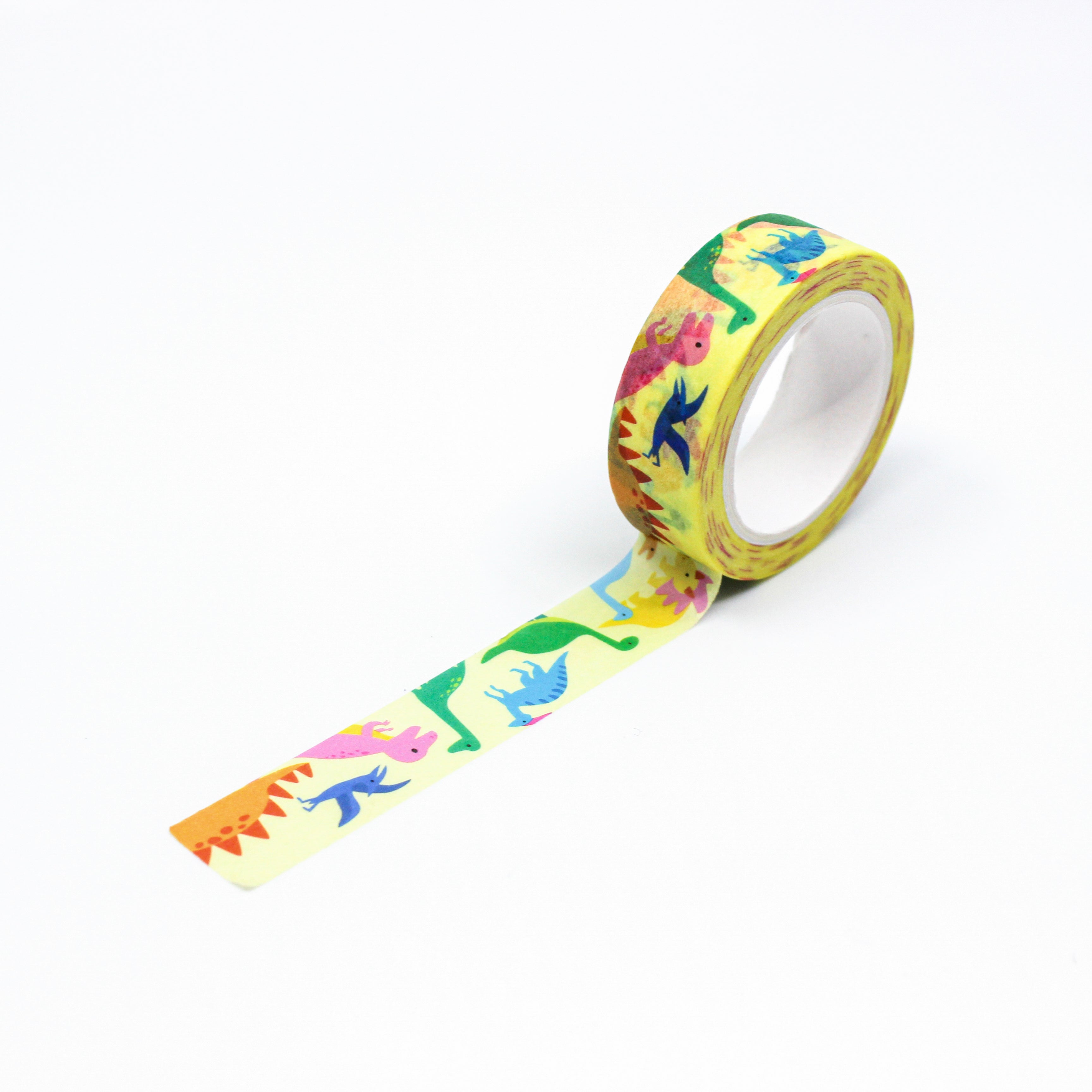This is a full pattern repeat view of colorful dinosaurs themed washi tape from BBB Supplies Craft Shop