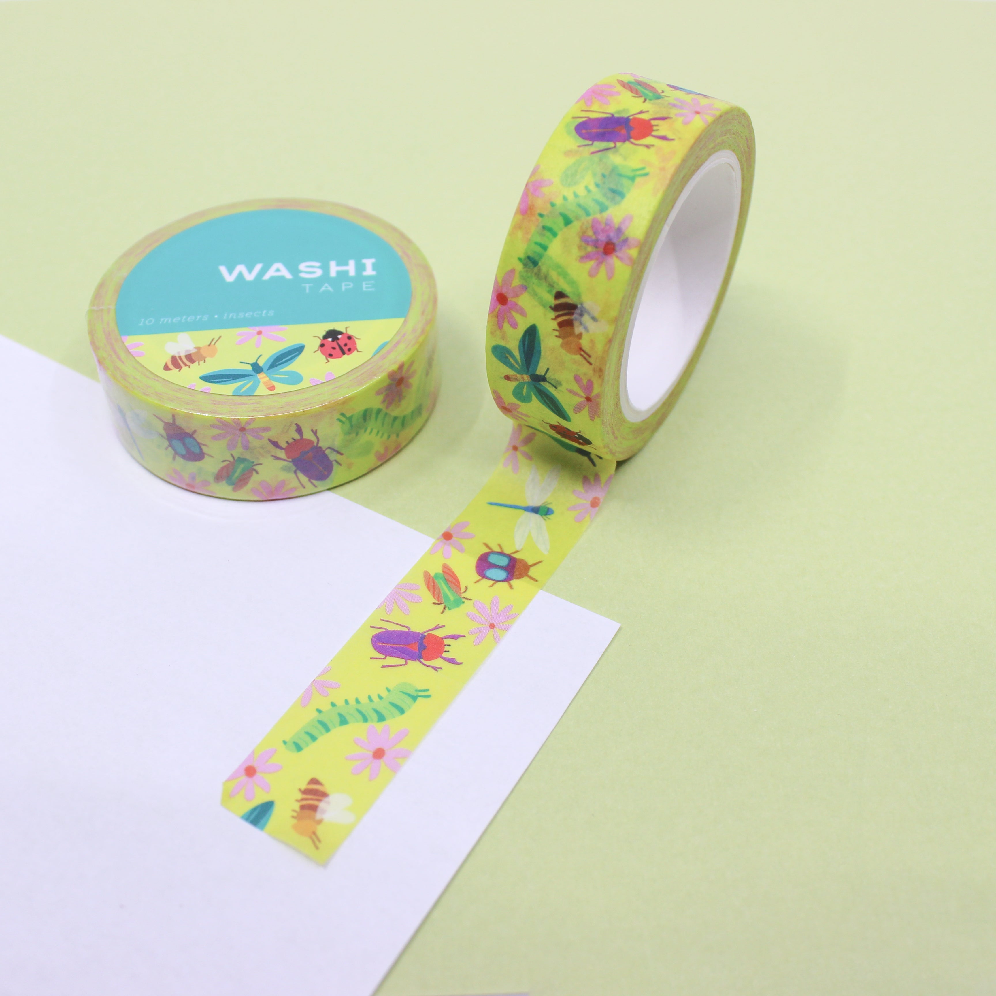 This is a colorful insects with yellow pastel color background themed washi tape from BBB Supplies Craft Shop