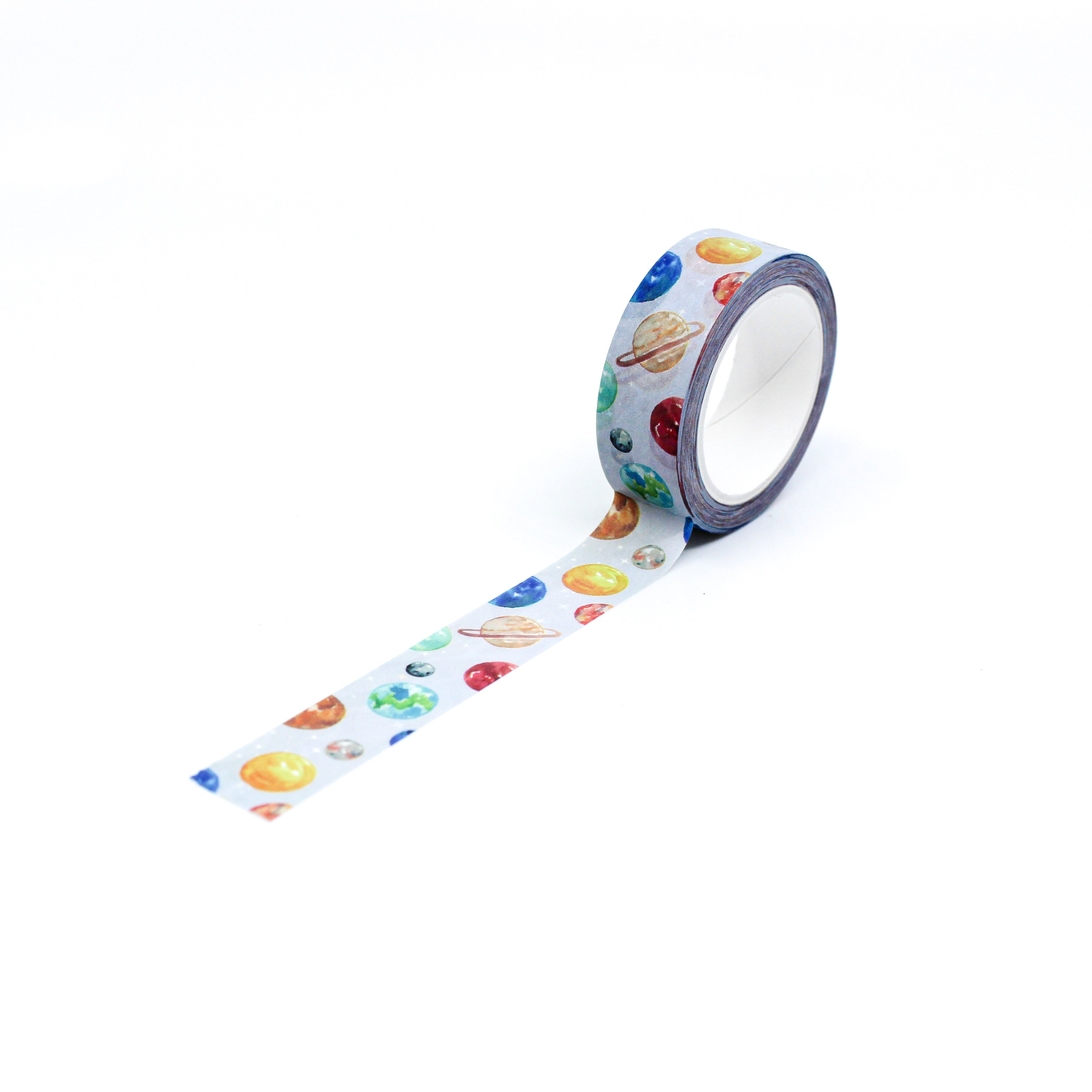 This is a full pattern repeat view of science and outer space planet washi tape from BBB Supplies Craft Shop