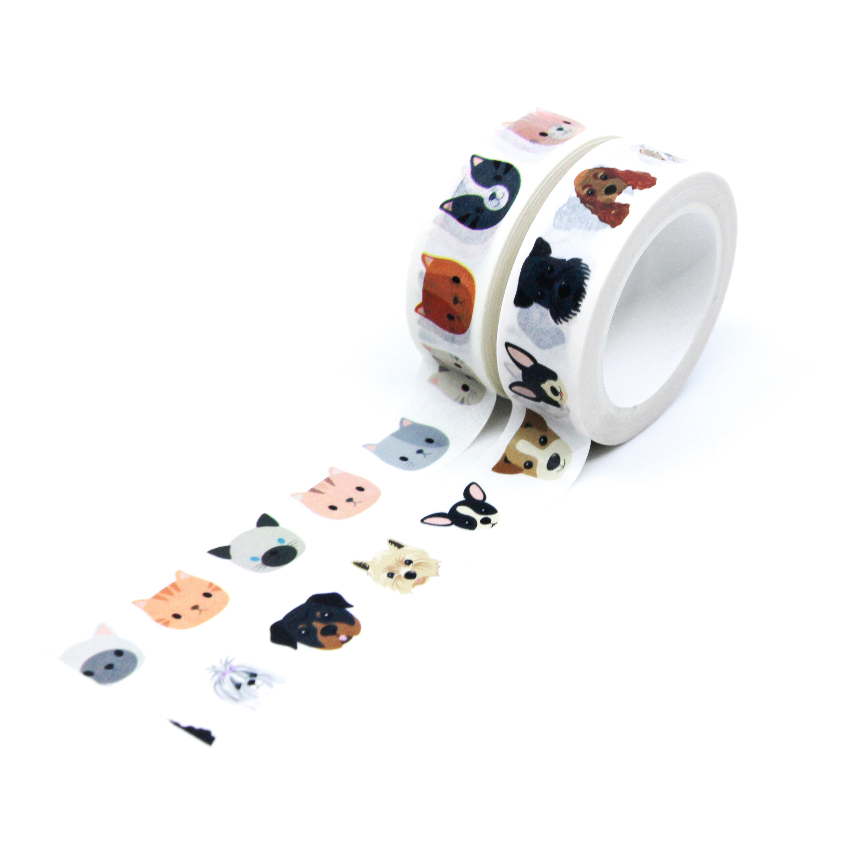 This is a full pattern repeat view of cute cat faces washi tape and our Dog Faces also available from BBB Supplies Craft Shop