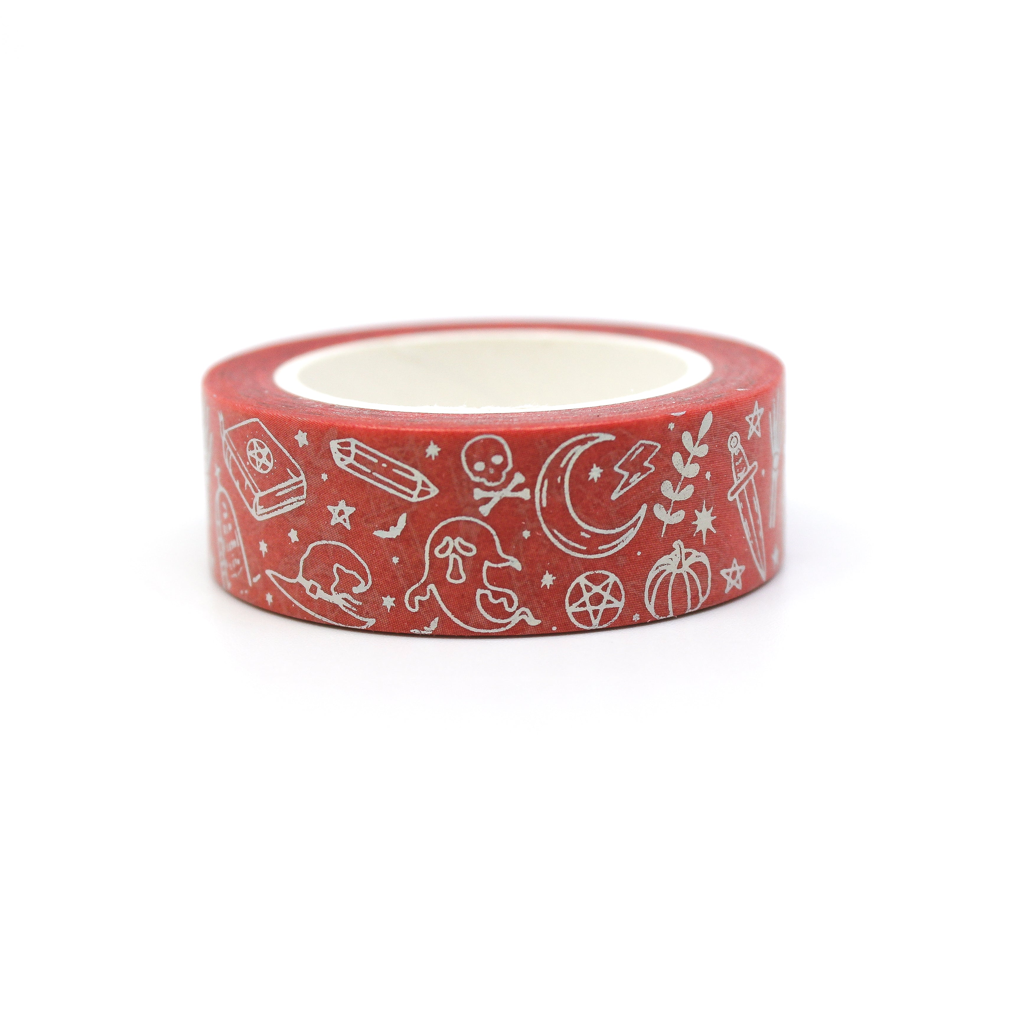 This shows spooky silver foil and orange skull pattern themed view of washi tape from BBB Supplies Craft Shop