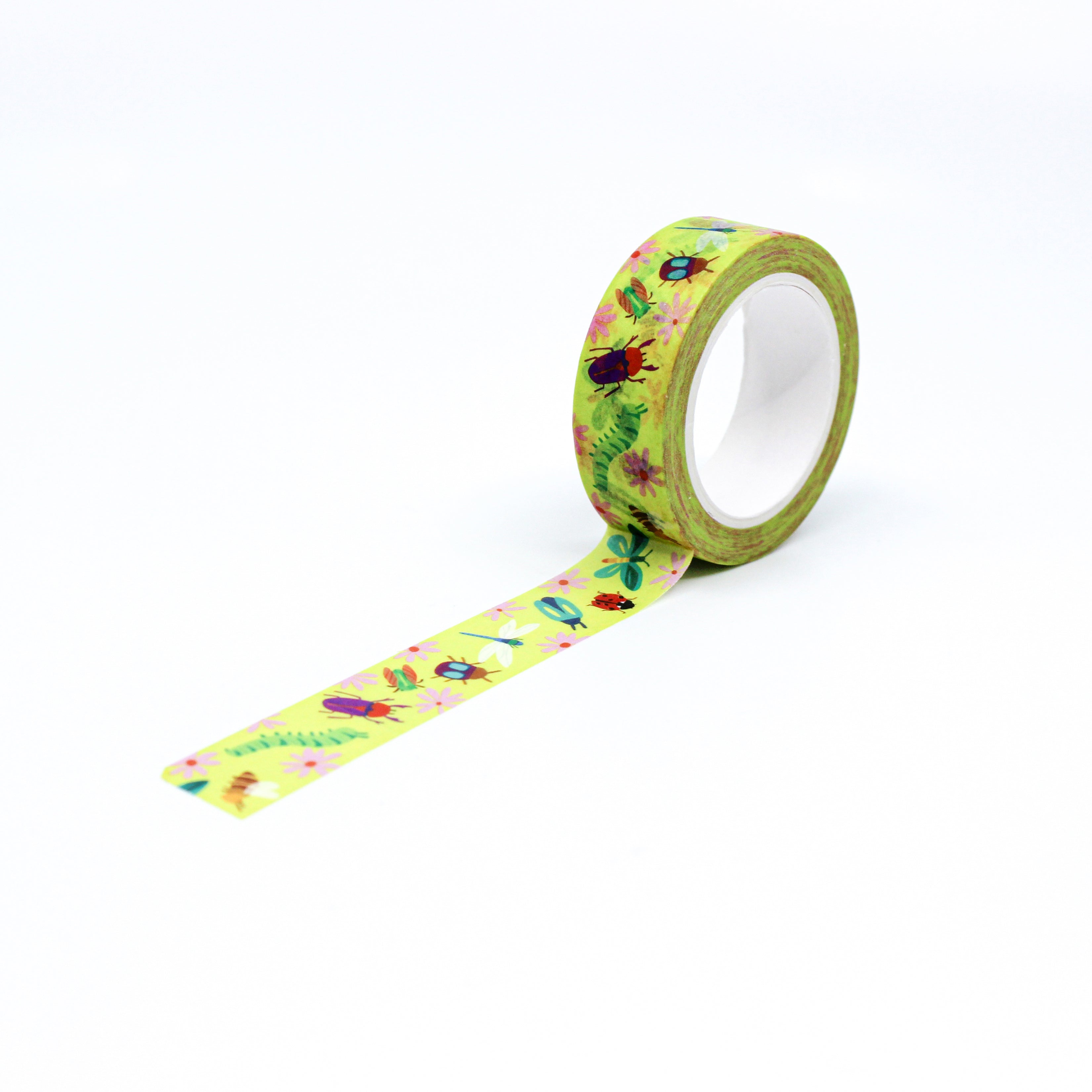 This is a full pattern repeat view of bright color insects themed washi tape that is perfect for a gardening or plant schedule Habit Tracker from BBB Supplies Craft Shop