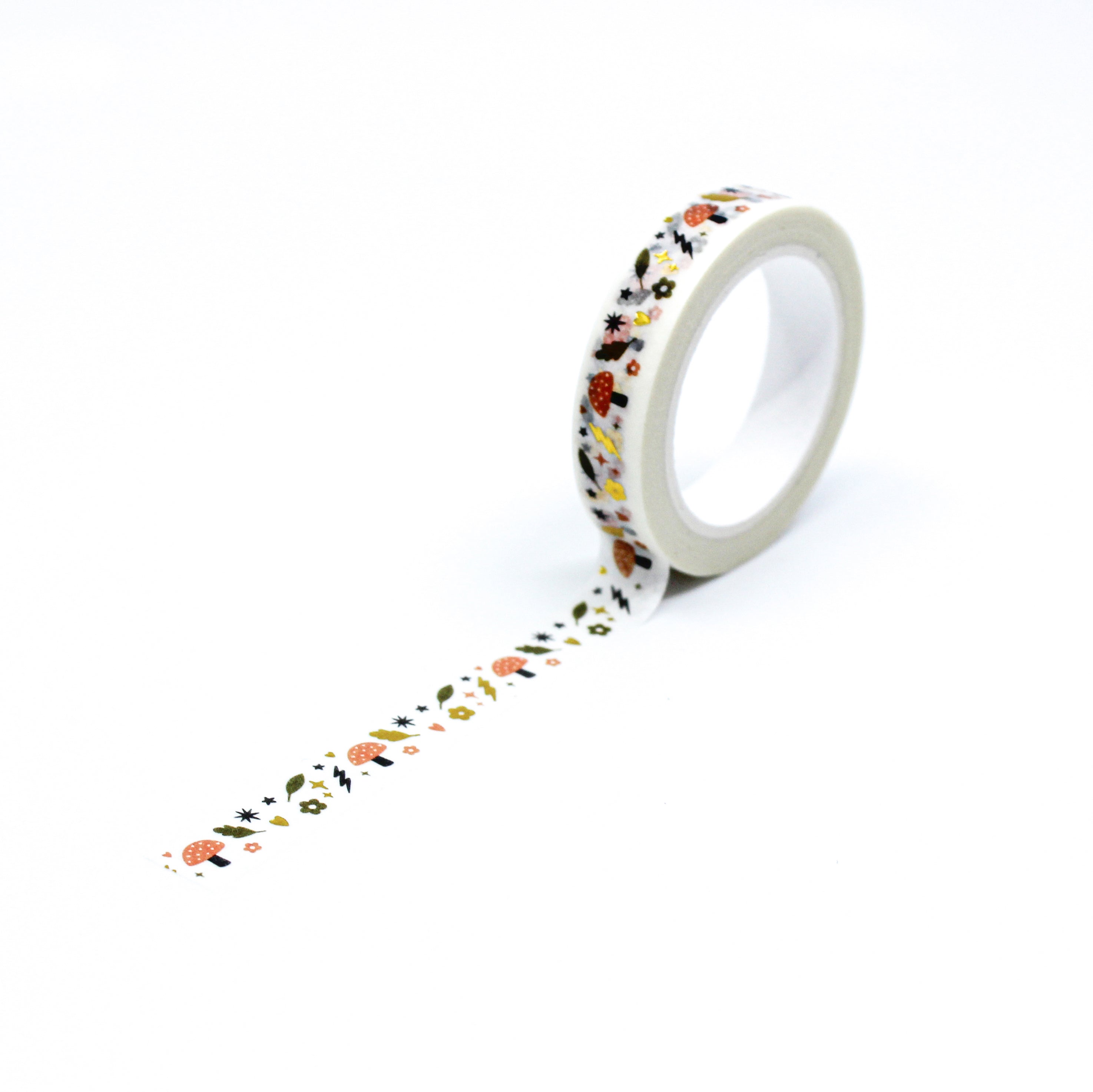 This is a full pattern repeat view of gold foil mushroom in autumn season washi tape from BBB Supplies Craft Shop