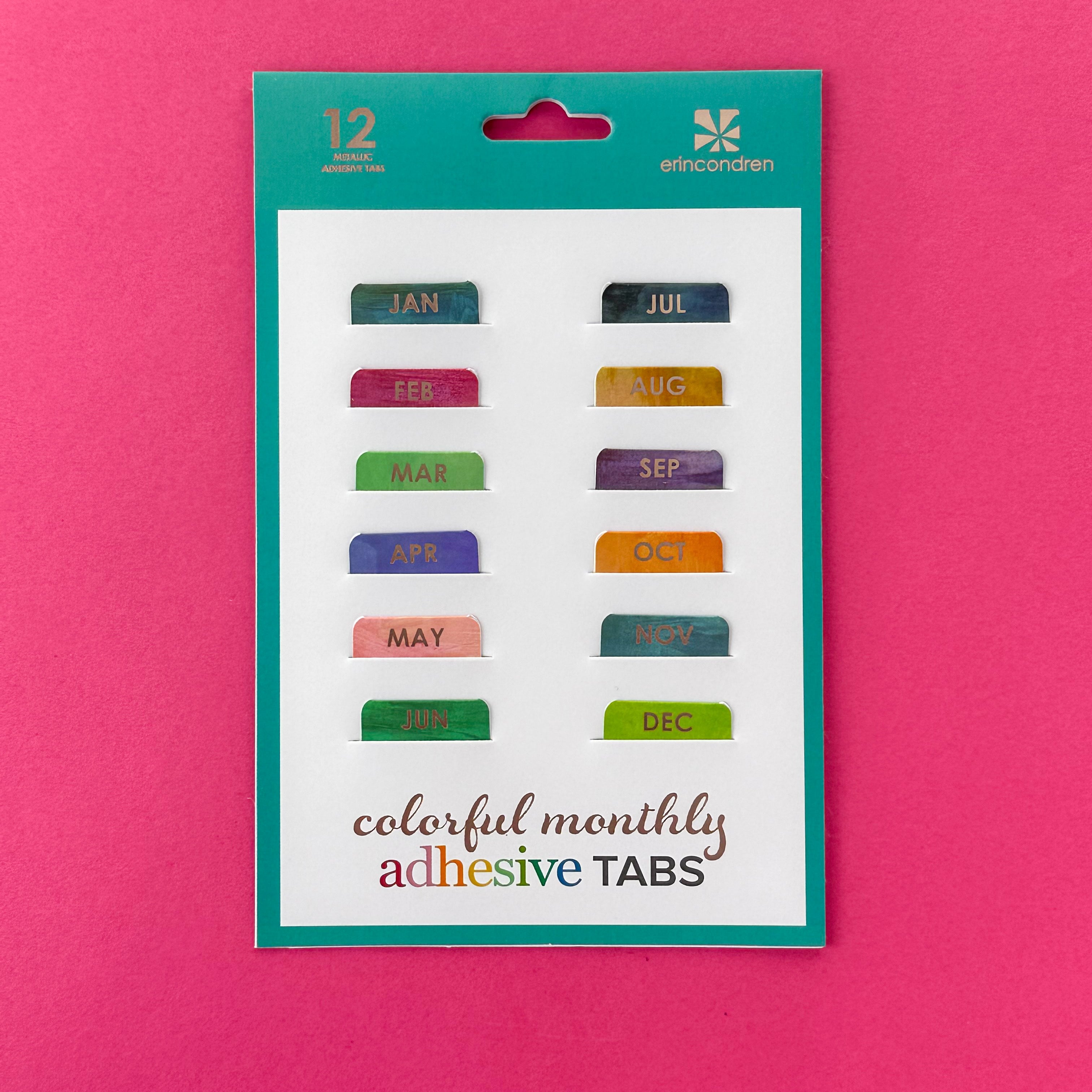 These rainbow watercolor colorful self-adhesive monthly tabs are perfect for your budget journal, bullet journal or planner if you want to set up your own monthly spread. They are designed by Erin Condren and sold at BBB Supplies Craft Shop.