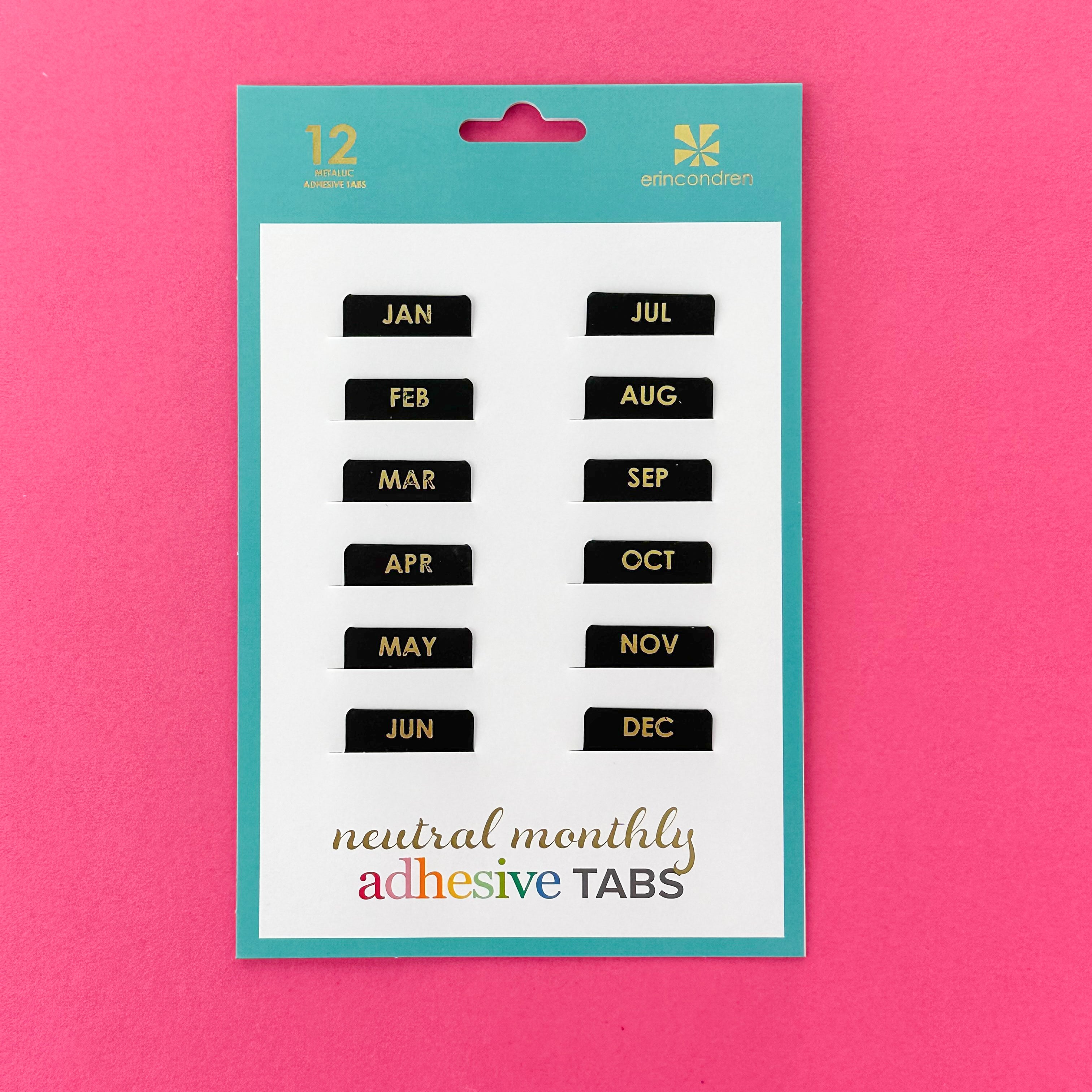 These black and gold neutral self-adhesive monthly tabs are perfect for your budget journal, bullet journal or planner if you want to set up your own monthly spread. They are designed by Erin Condren and sold at BBB Supplies Craft Shop.