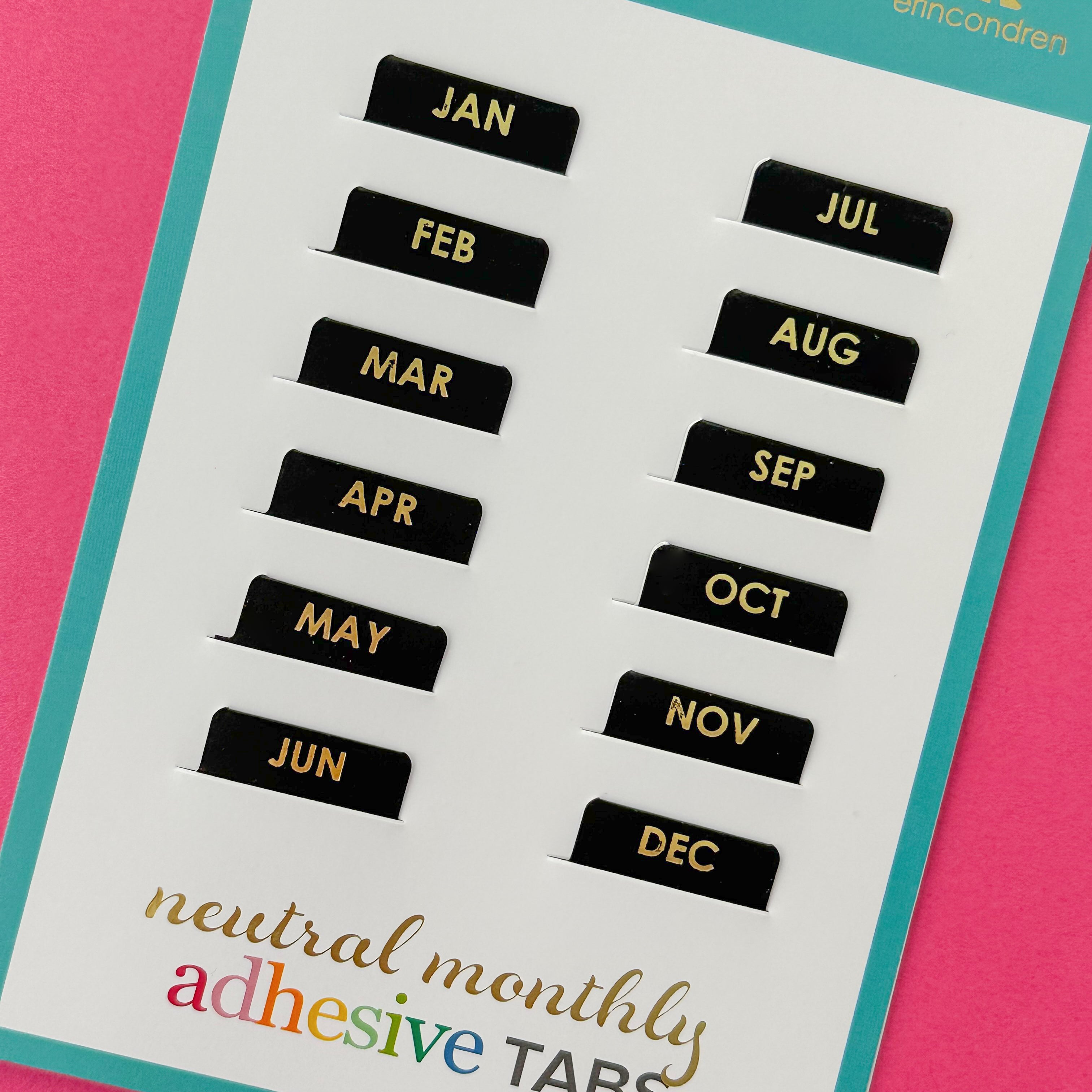 These black and gold neutral self-adhesive monthly tabs are perfect for your budget journal, bullet journal or planner if you want to set up your own monthly spread. They are designed by Erin Condren and sold at BBB Supplies Craft Shop.