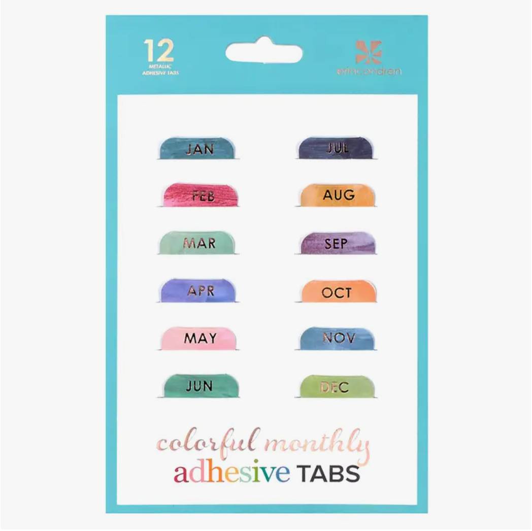 These rainbow watercolor colorful self-adhesive monthly tabs are perfect for your budget journal, bullet journal or planner if you want to set up your own monthly spread. They are designed by Erin Condren and sold at BBB Supplies Craft Shop.