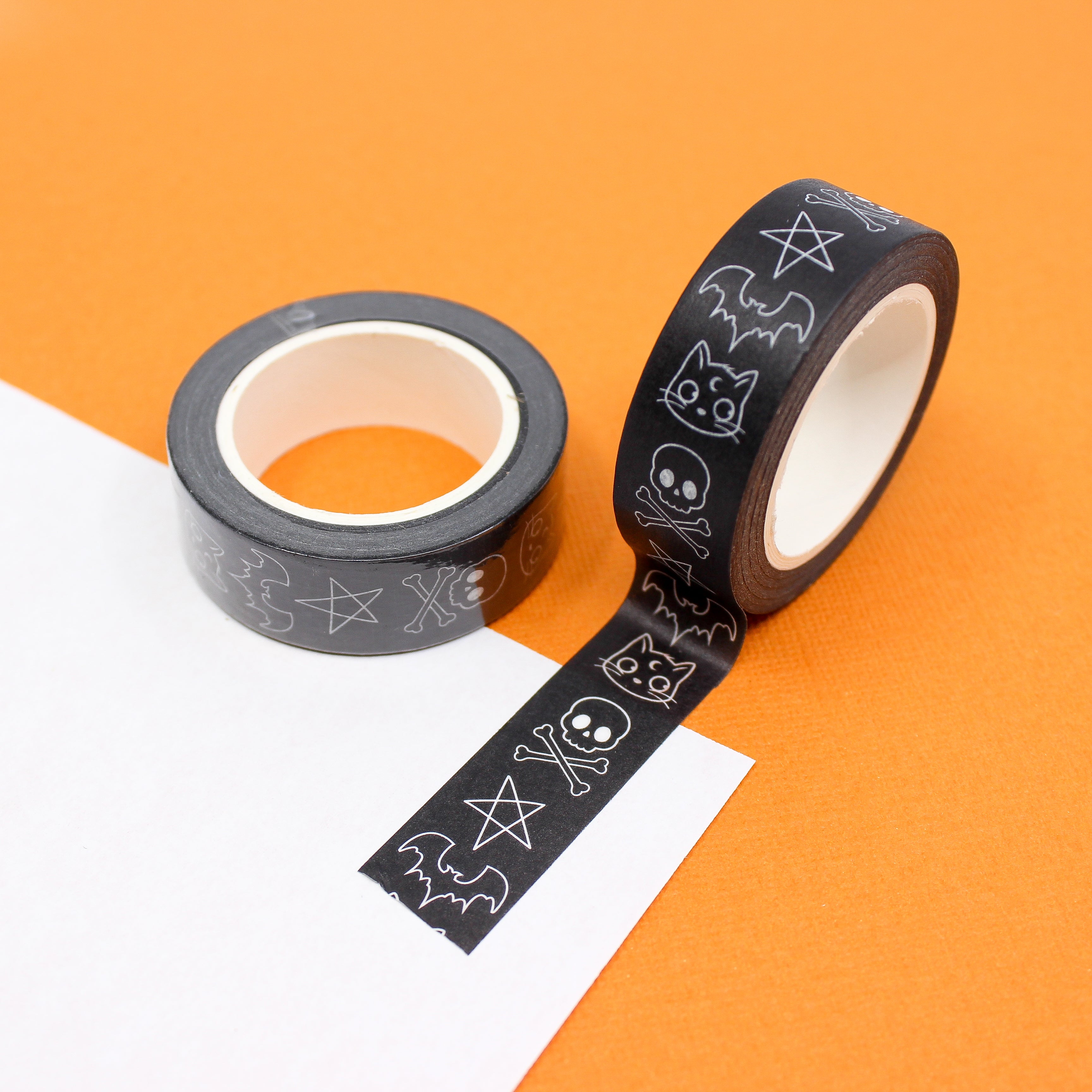 BLACK AND WHITE GRAPHIC HALLOWEEN SYMBOLS, INCLUDING BLACK CATS, BAT, SKULL AND CROSS BONES, AND HALLOWEEN STAR PENTAGRAM. | BULLET OURNAL AND JOURNALING WASHI TAPE | BBB SUPPLIES CRAFT SUPPLIES