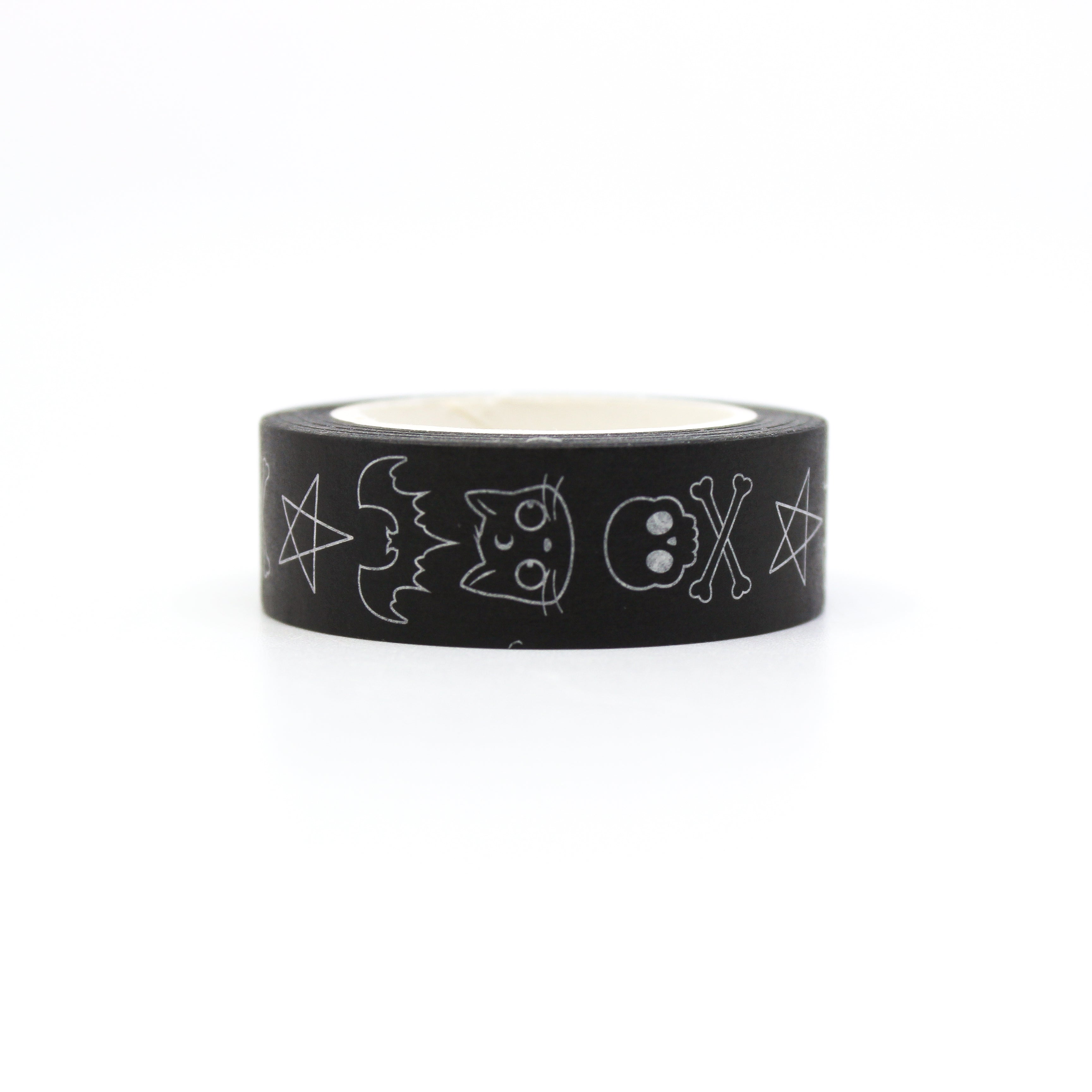 BLACK AND WHITE GRAPHIC HALLOWEEN SYMBOLS, INCLUDING BLACK CATS, BAT, SKULL AND CROSS BONES, AND HALLOWEEN STAR PENTAGRAM. | BULLET OURNAL AND JOURNALING WASHI TAPE | BBB SUPPLIES CRAFT SUPPLIES
