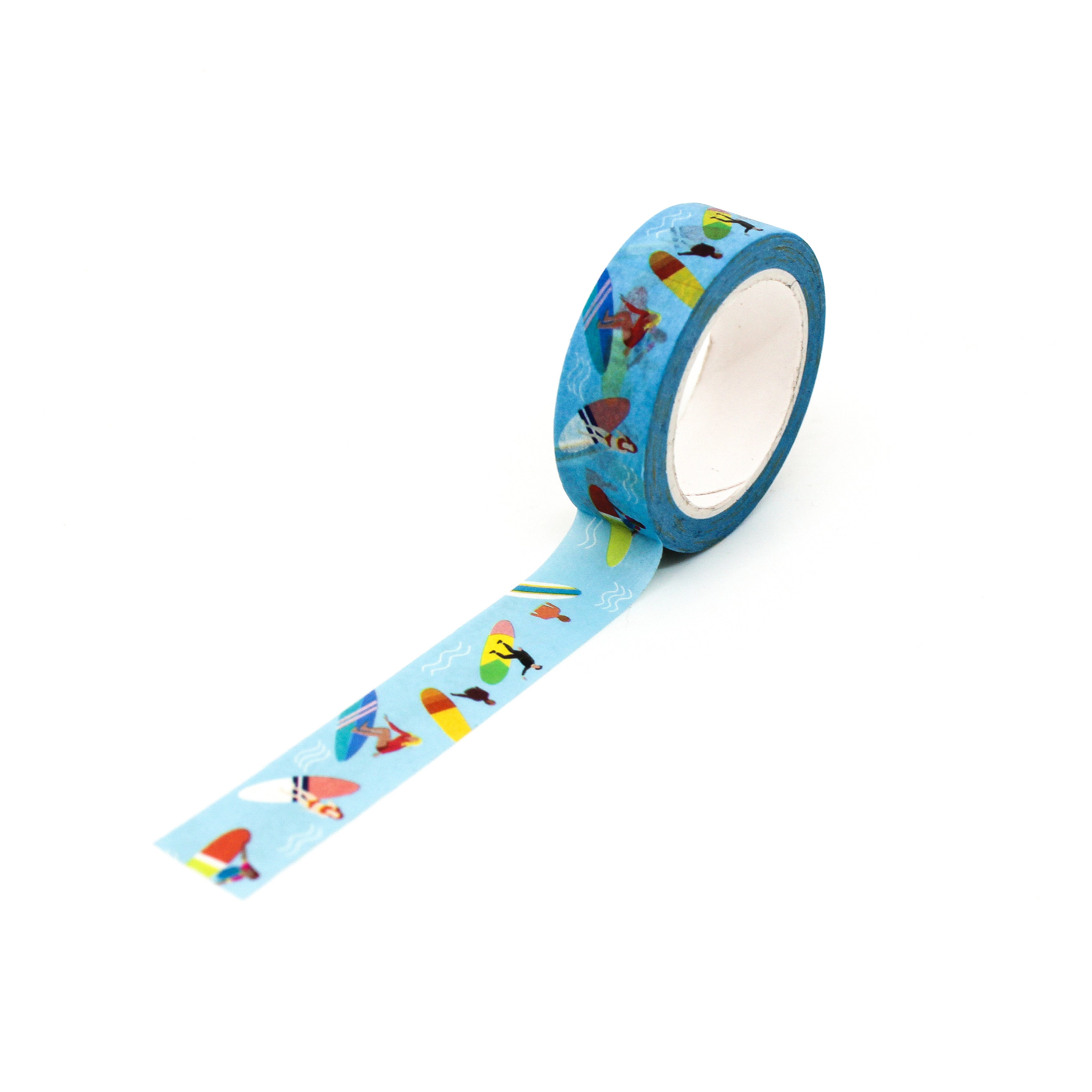 This is a full pattern repeat view of fun surfers in the ocean background themed washi tape from BBB Supplies Craft Shop