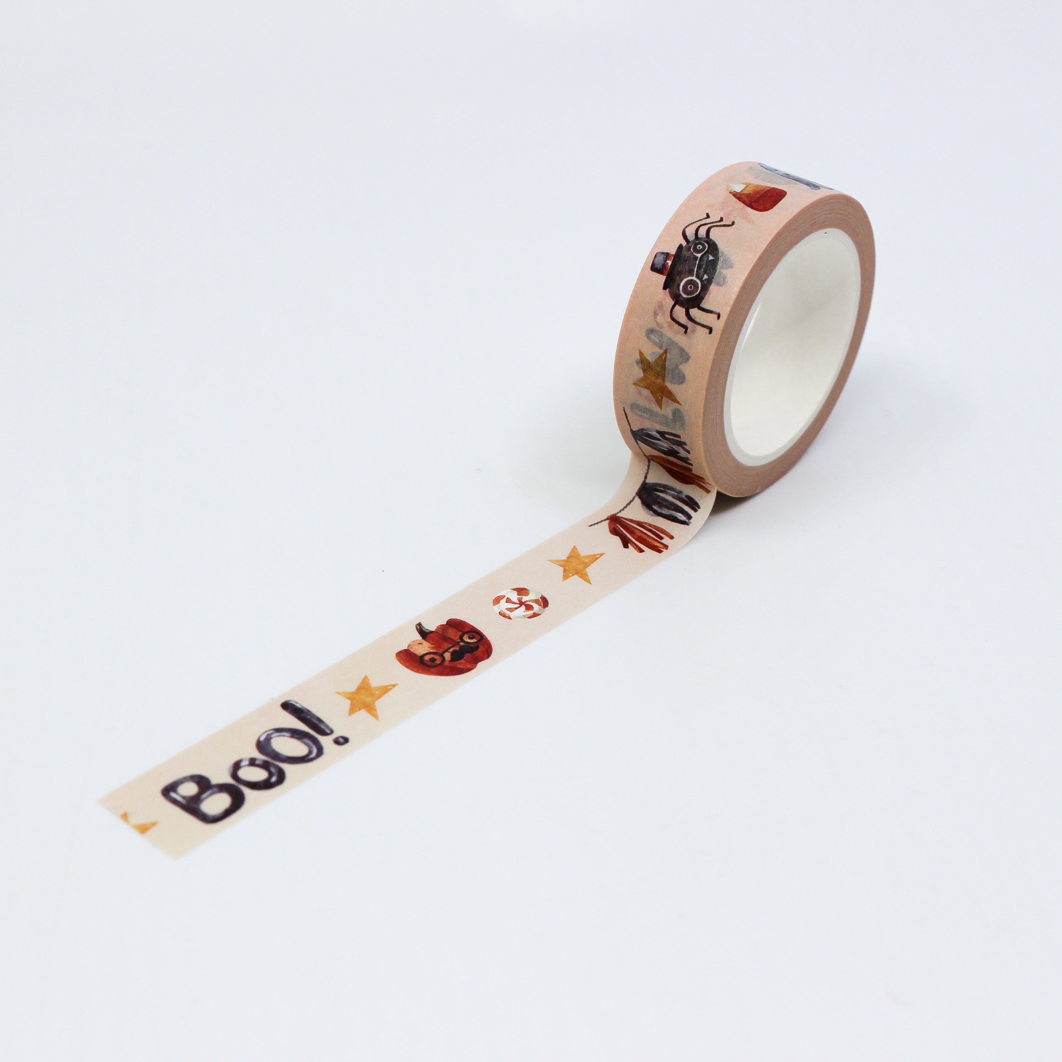 This is a full pattern repeat view of black spooky boo and hang pumpkin themed washi tape from BBB Supplies Craft Shop