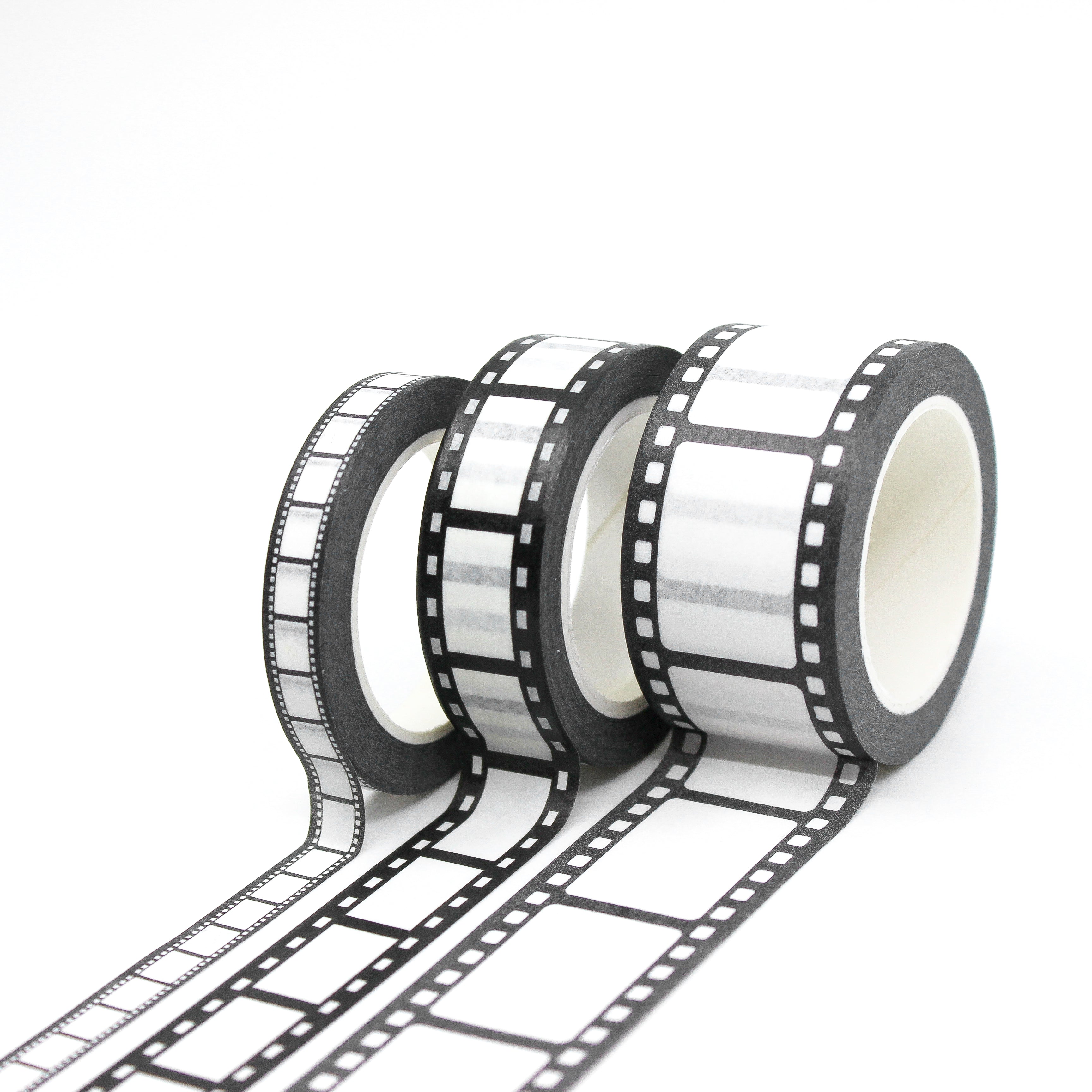 We offer three sizes of film strip washi tape so you can find the one that is perfect for your project. The black and white classic film strip in multiple sizes. These sizes are exclusively sold at BBB Supplies Craft Shop.