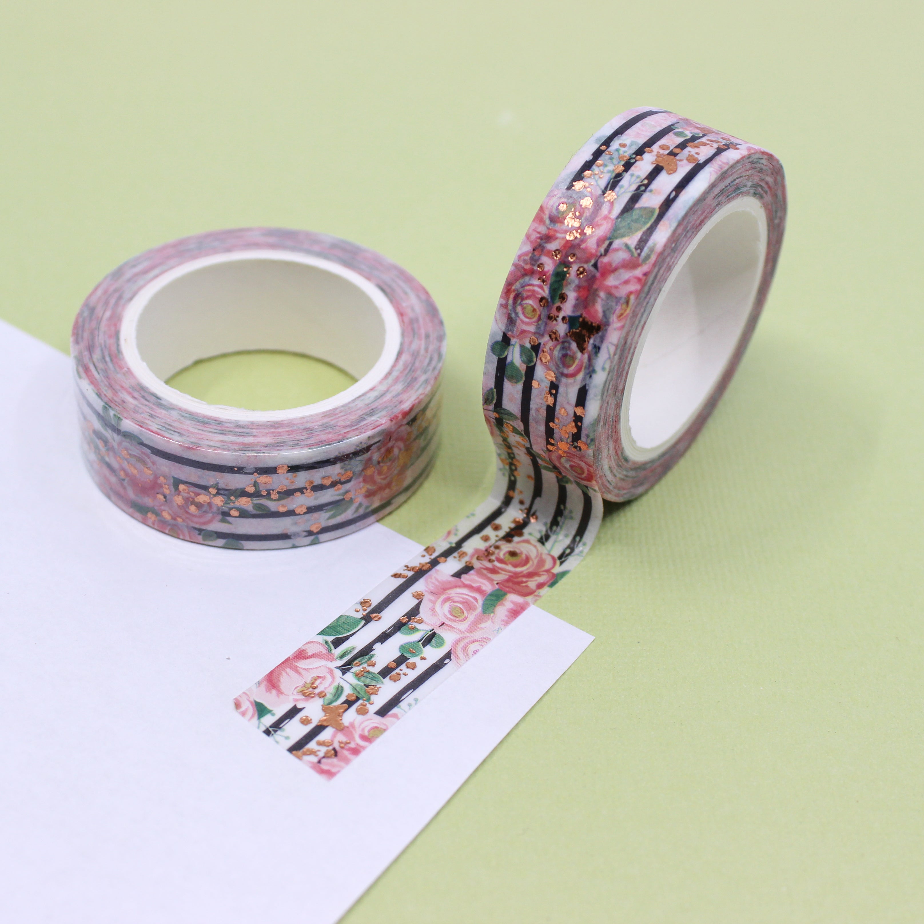 This is a gold foil flower with black and white stripe pattern washi tape from BBB Supplies Craft Shop