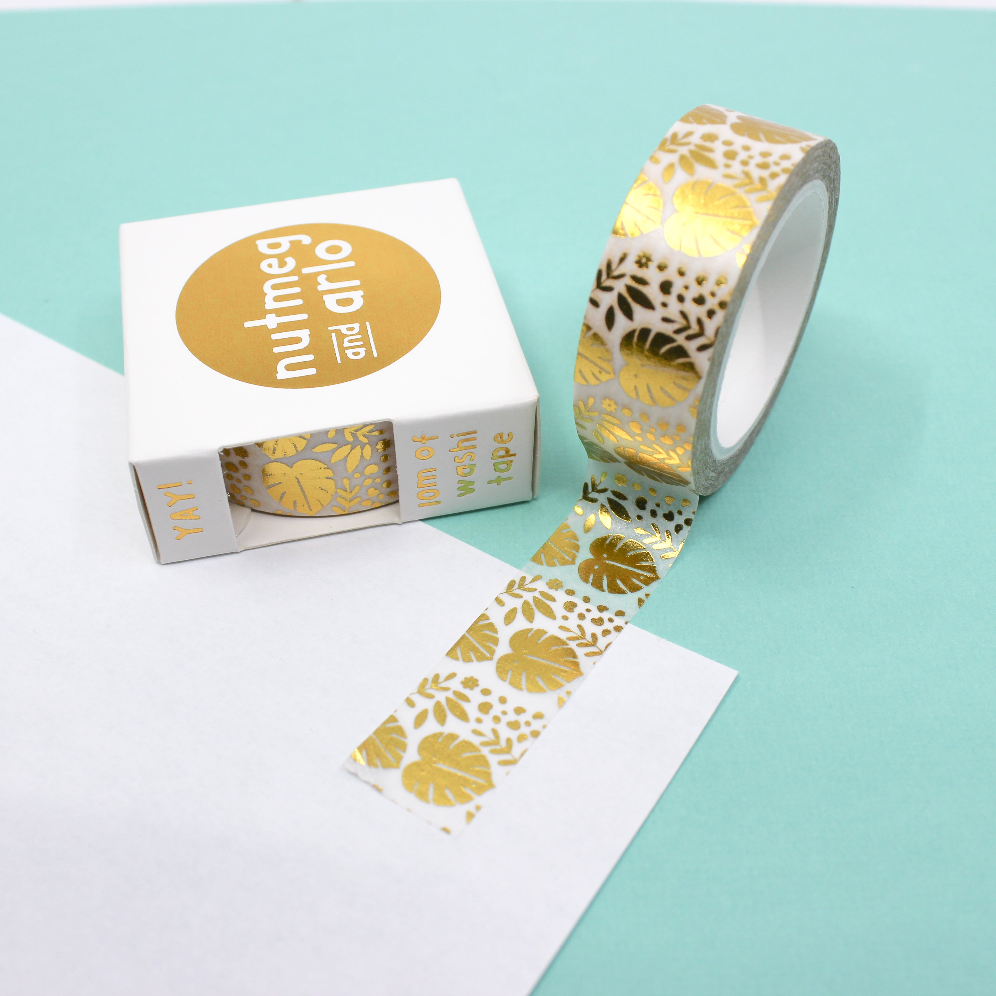 This is a photo of a gold foil monstera leaf roll of washi tape from BBB Supplies craft and journaling supply shop.