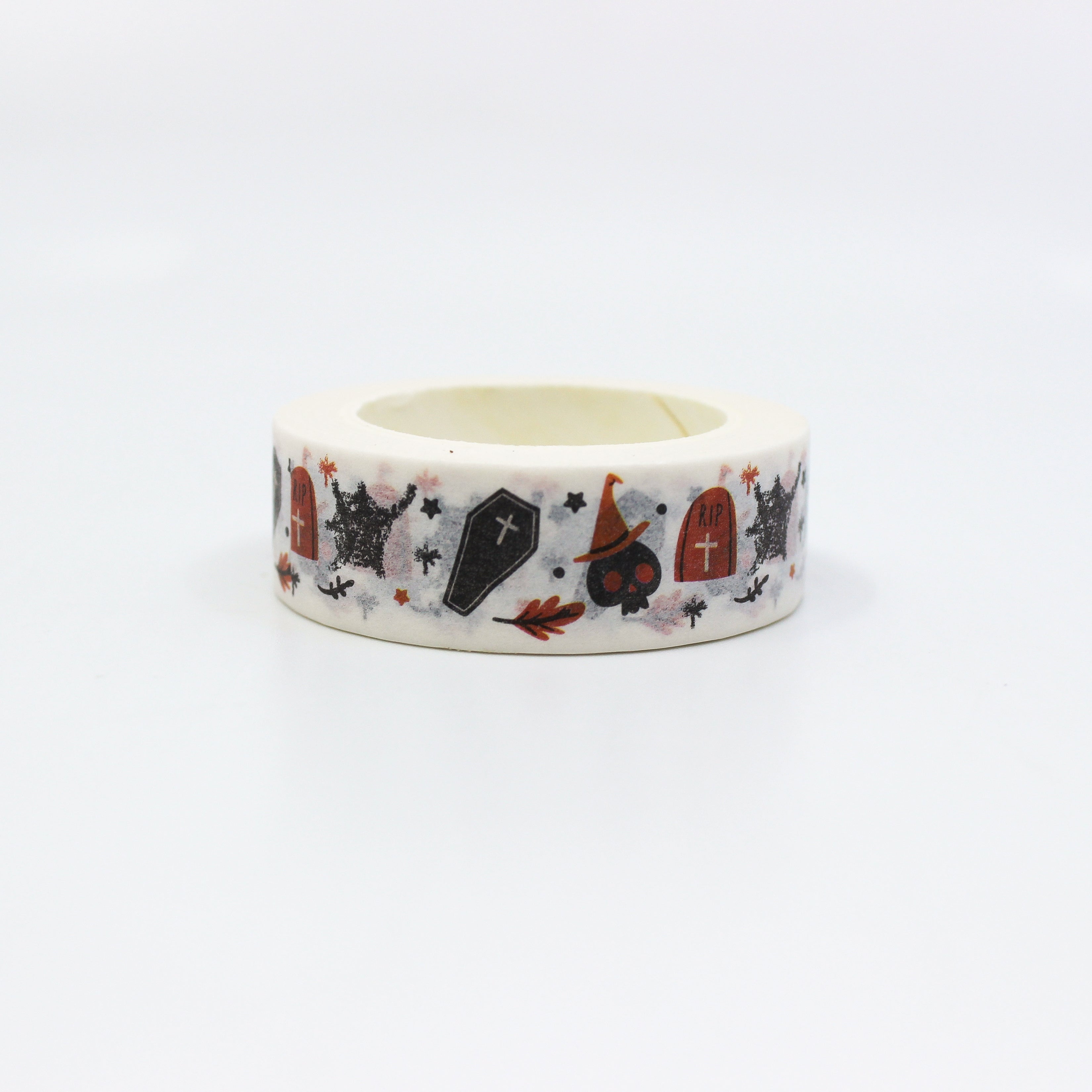 This shows playful themes with vampire casket, grave pattern themed view of washi tape from BBB Supplies Craft Shop