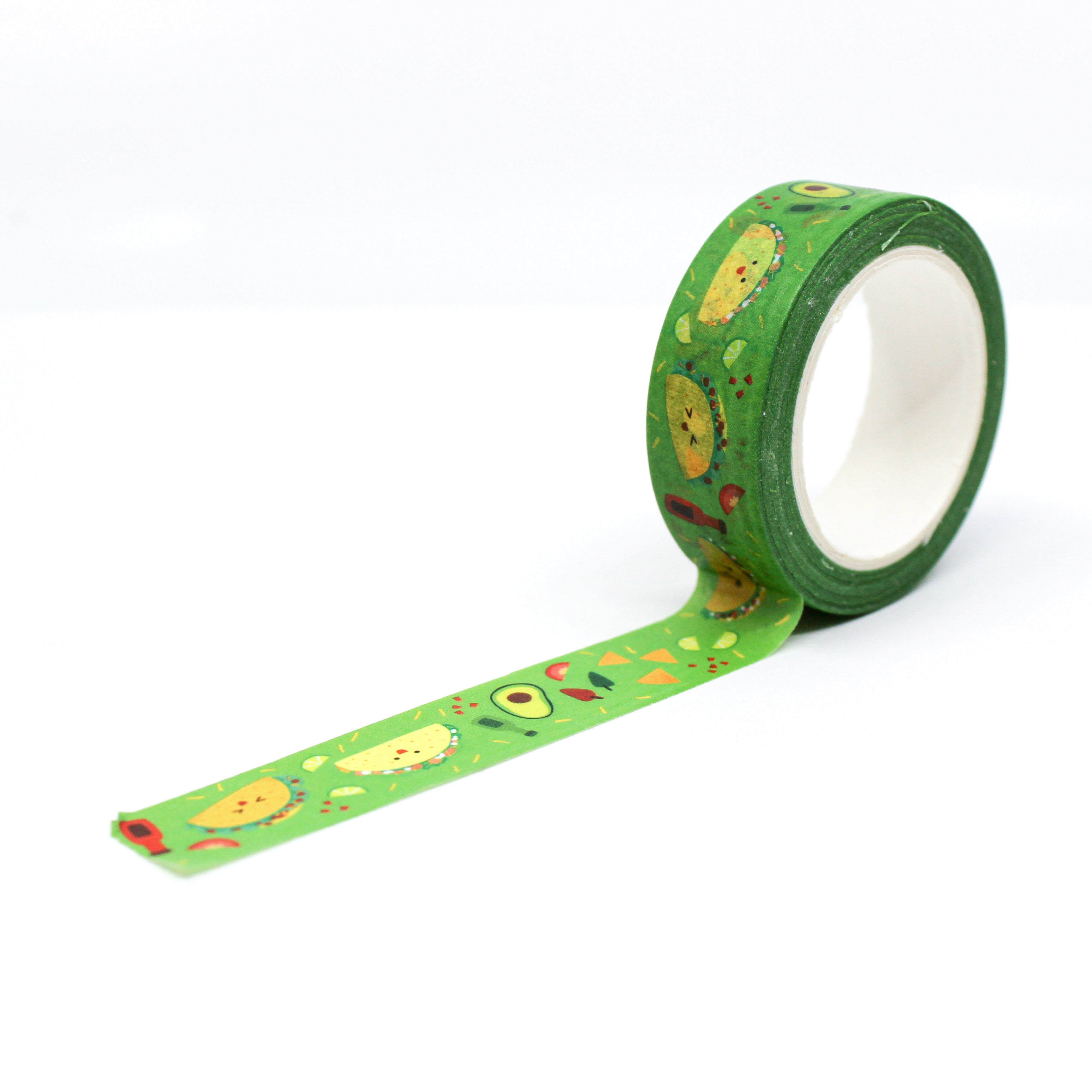 This is a full pattern repeat view of various color of fun and playful tacos themed washi tape from BBB Supplies Craft Shop
