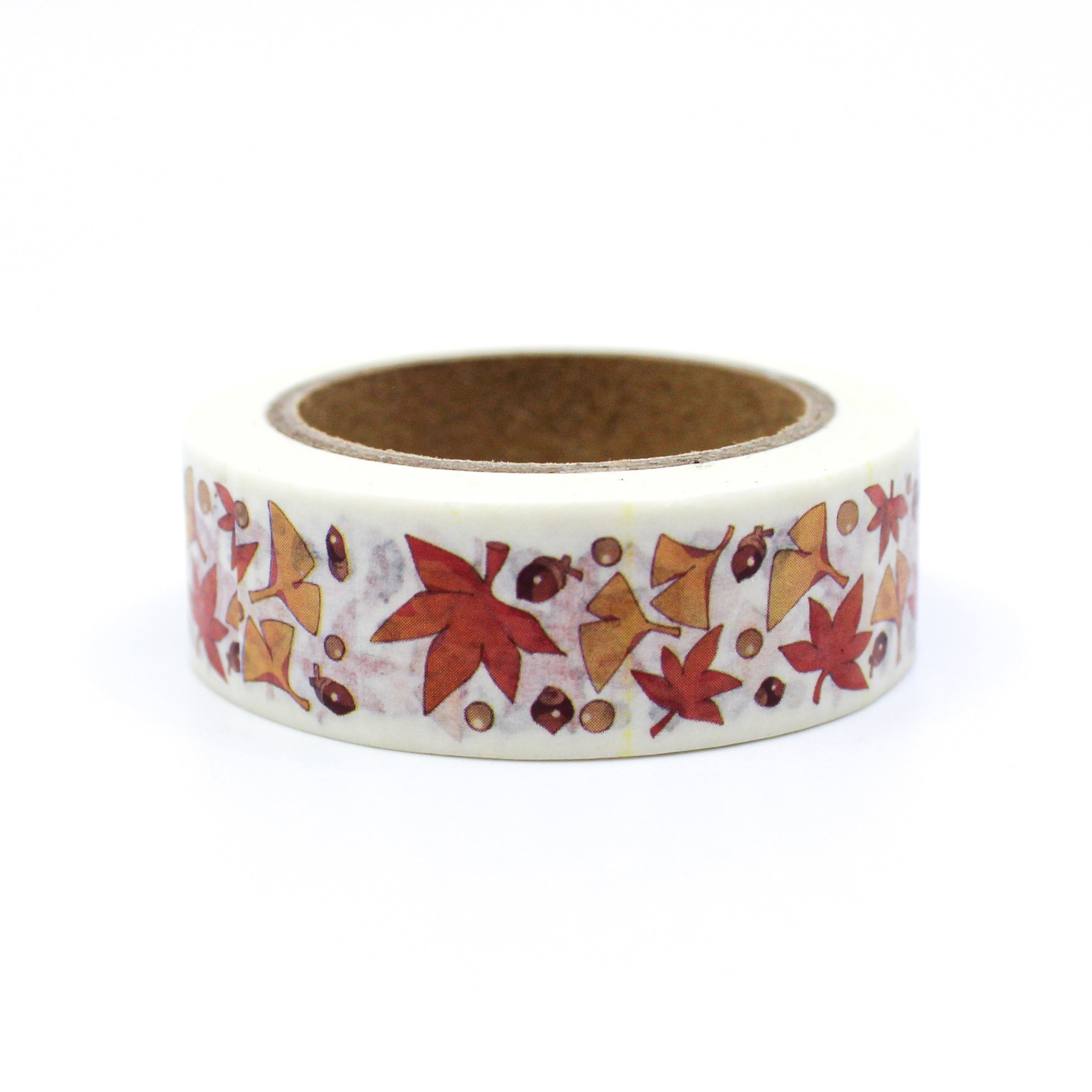 This is a yellow, orange and brown fall leaf and ginkgo pattern washi tape from BBB Supplies Craft Shop