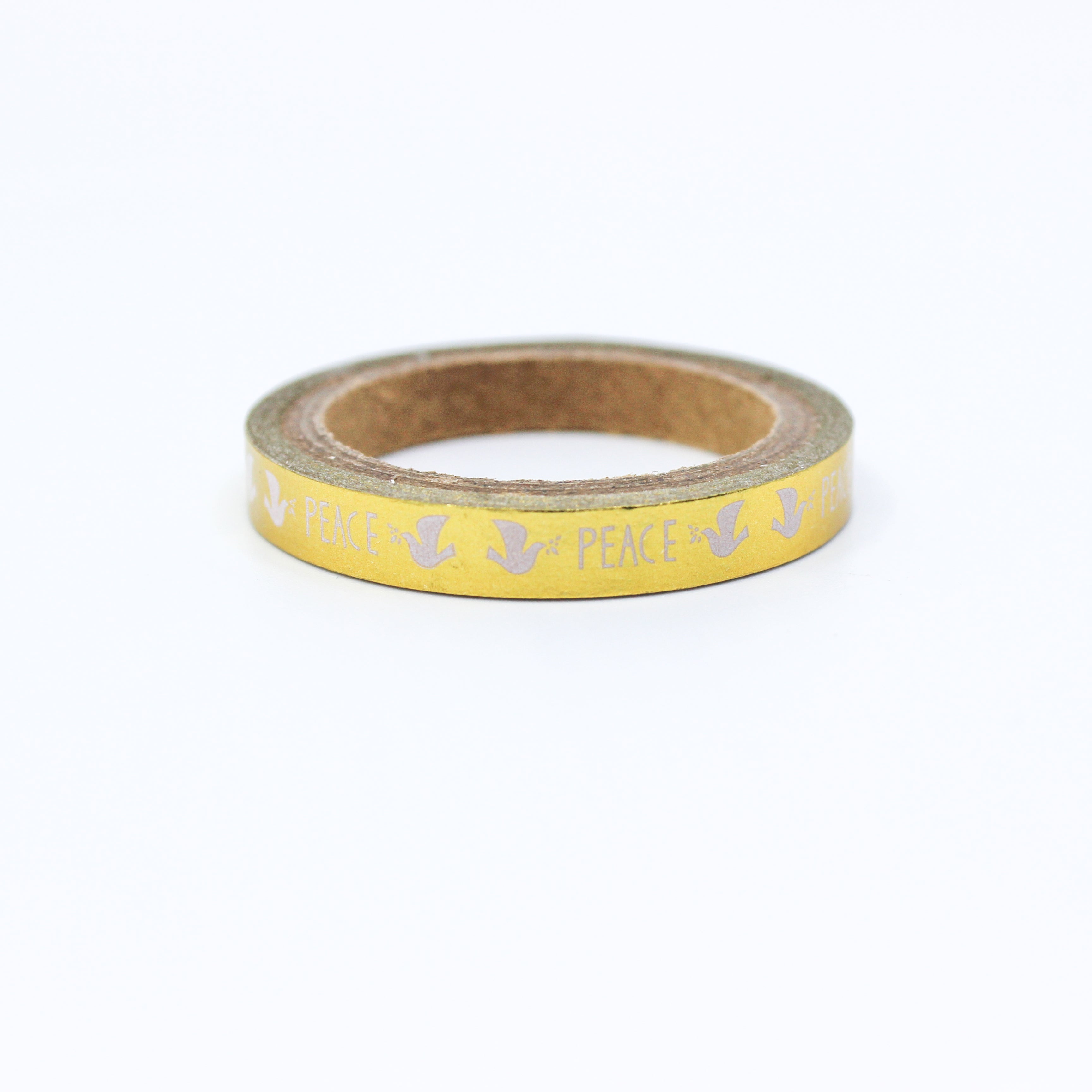 This beautiful gold foil tape is perfect for your holiday craft projects and spread. This tape features doves and peace text. This tape is sold at BBB Supplies Craft Shop.