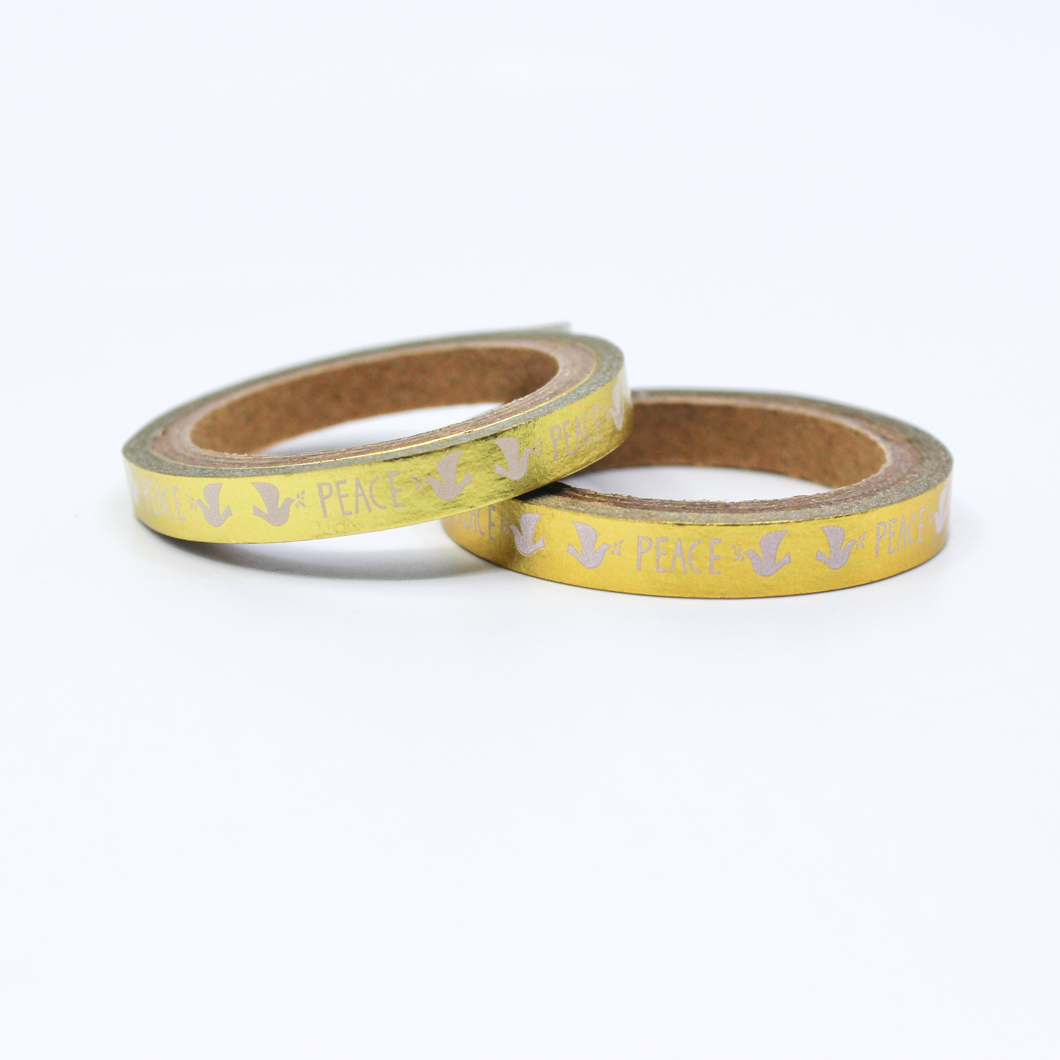 This beautiful gold foil tape is perfect for your holiday craft projects and spread. This tape features doves and peace text. This tape is sold at BBB Supplies Craft Shop.