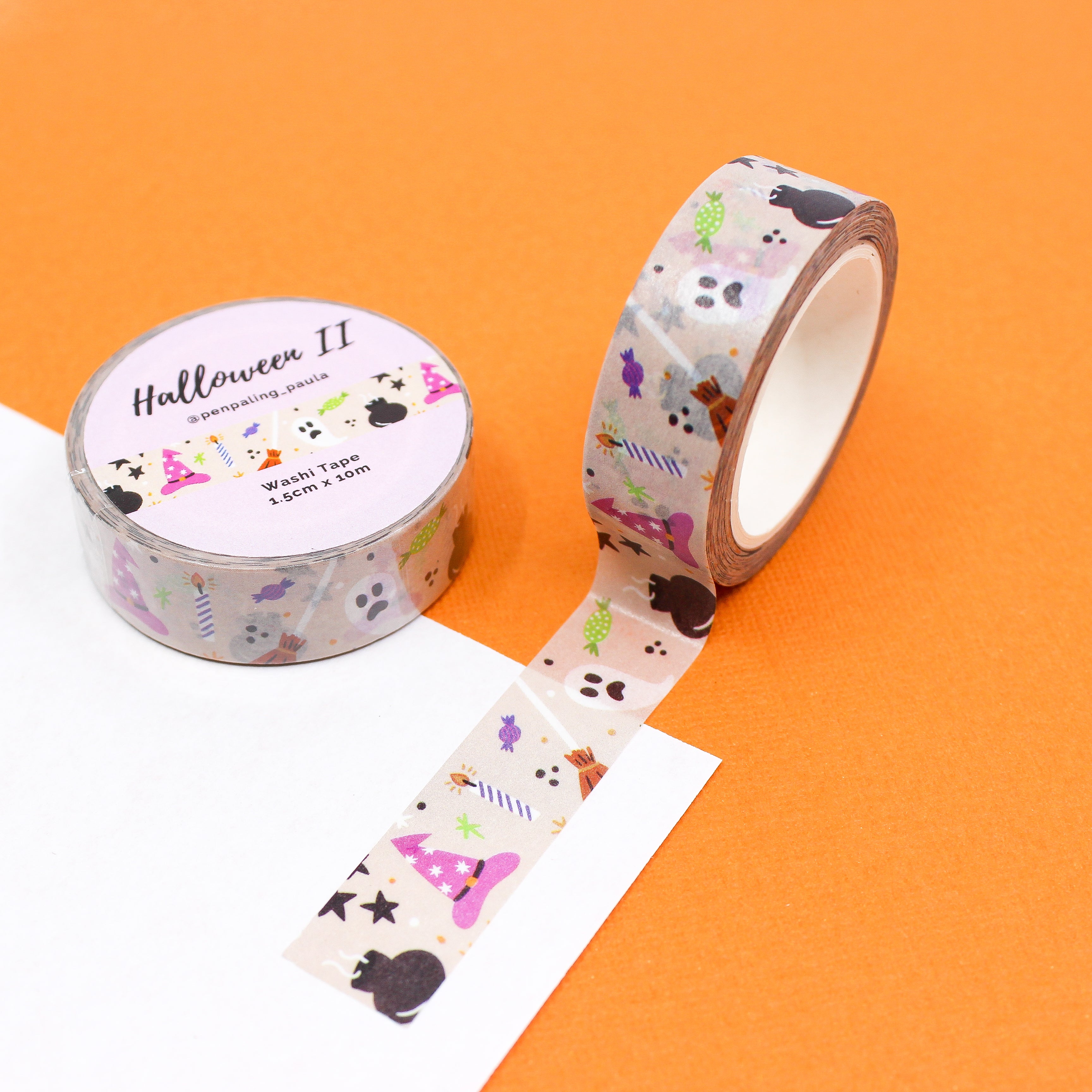 This is a purple witch hat, broom, cauldron and and white ghost themed washi tape from BBB Supplies Craft Shop