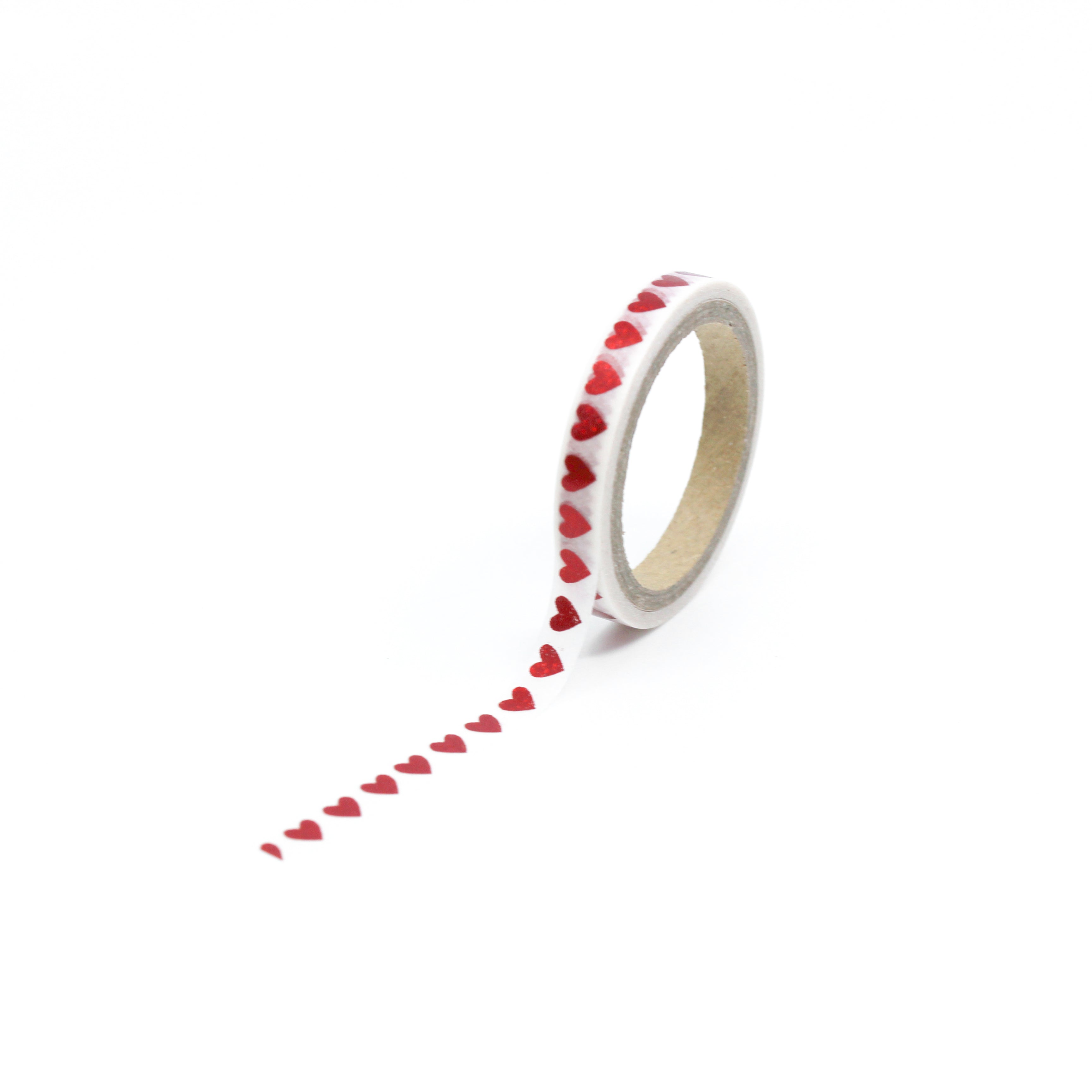 This is a full pattern repeat view of red hearts foil themed washi tape from BBB Supplies Craft Shop