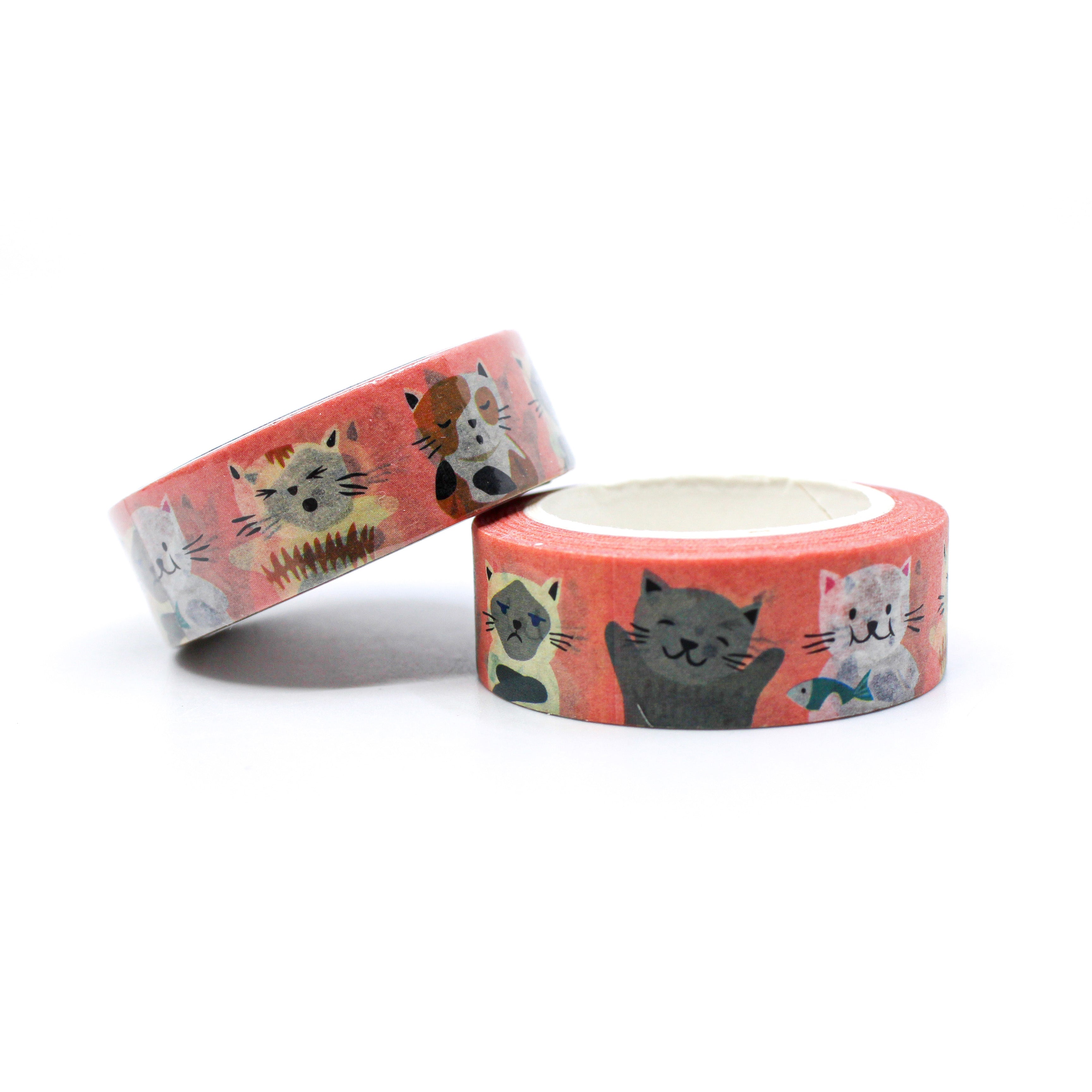 This is a cute view of an orange foil washi with various cat face and fish washi tape for Journal Supplies, Scrapbooking washi tapes from BBB Supplies Craft Shop