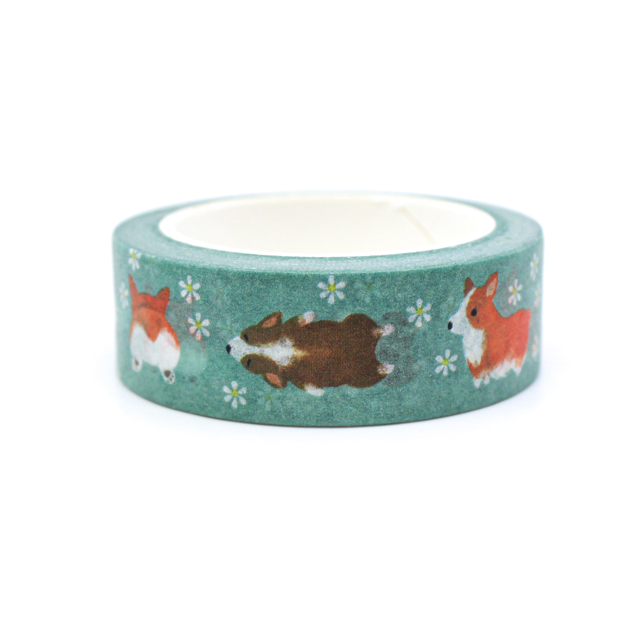 This is a collection of corgi puppies in a green foil washi tape from BBB Supplies Craft Shop