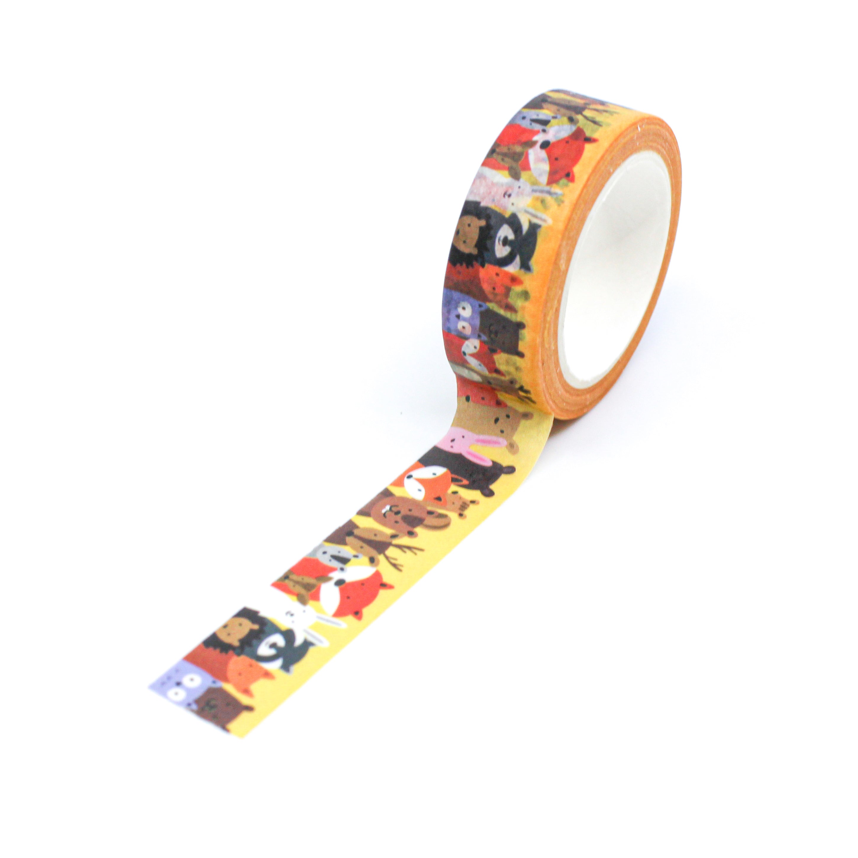 This is a repeat full pattern view of yellow foil woodland animal creatures pattern washi tape from BBB Supplies Craft Shop