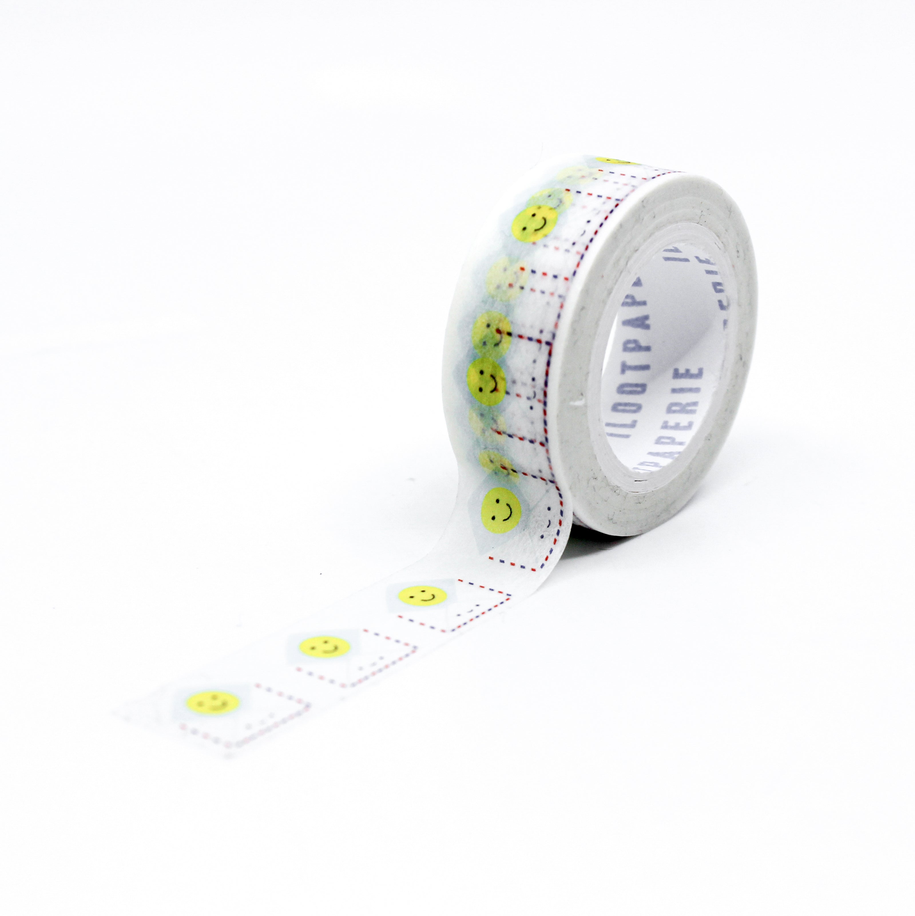This is full pattern repeat view of happy face snail mail envelop washi tape from BBB Supplies Craft Shop