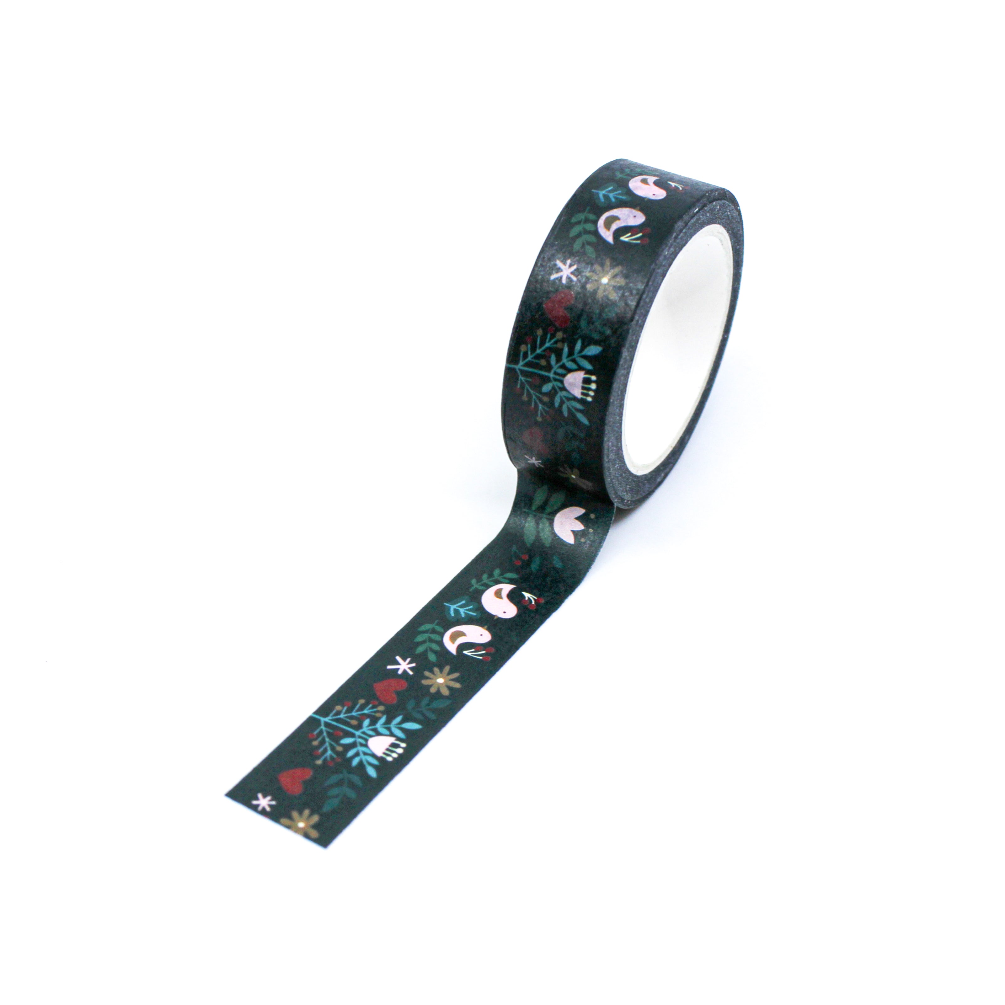 This is a repeat full view of green foil merry birds pattern washi tape from BBB Supplies Craft Shop