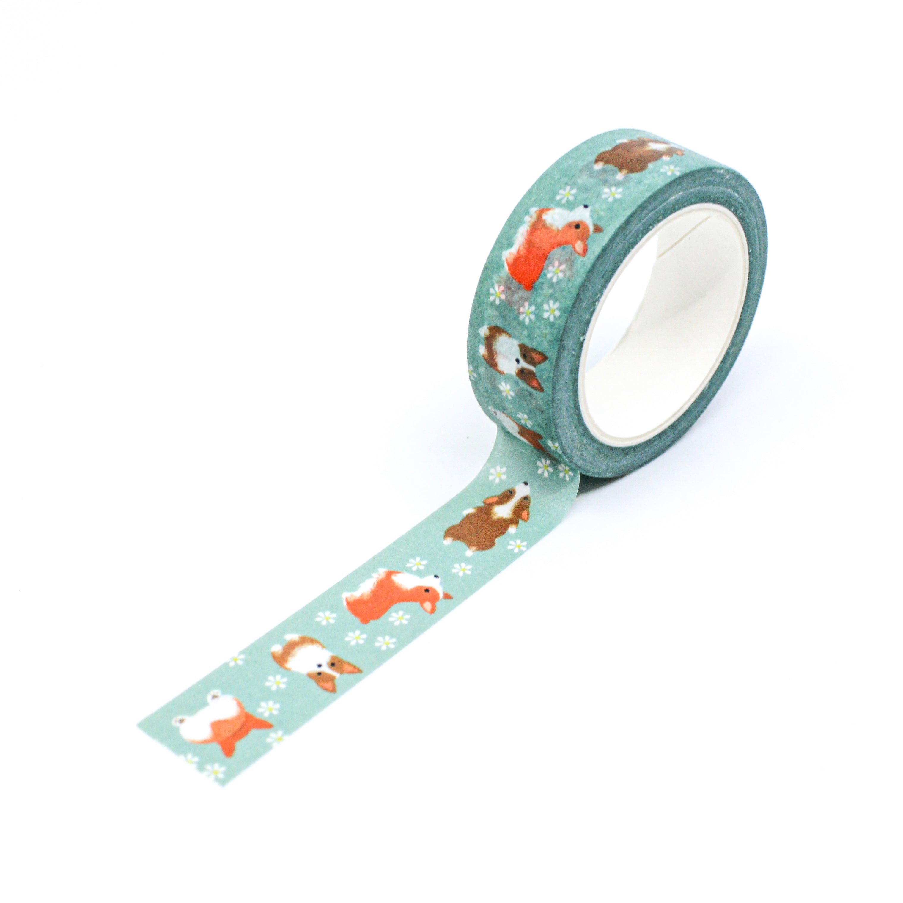 This is full pattern repeat view of various corgi dogs in a green foil washi tape from BBB Supplies Craft Shop
