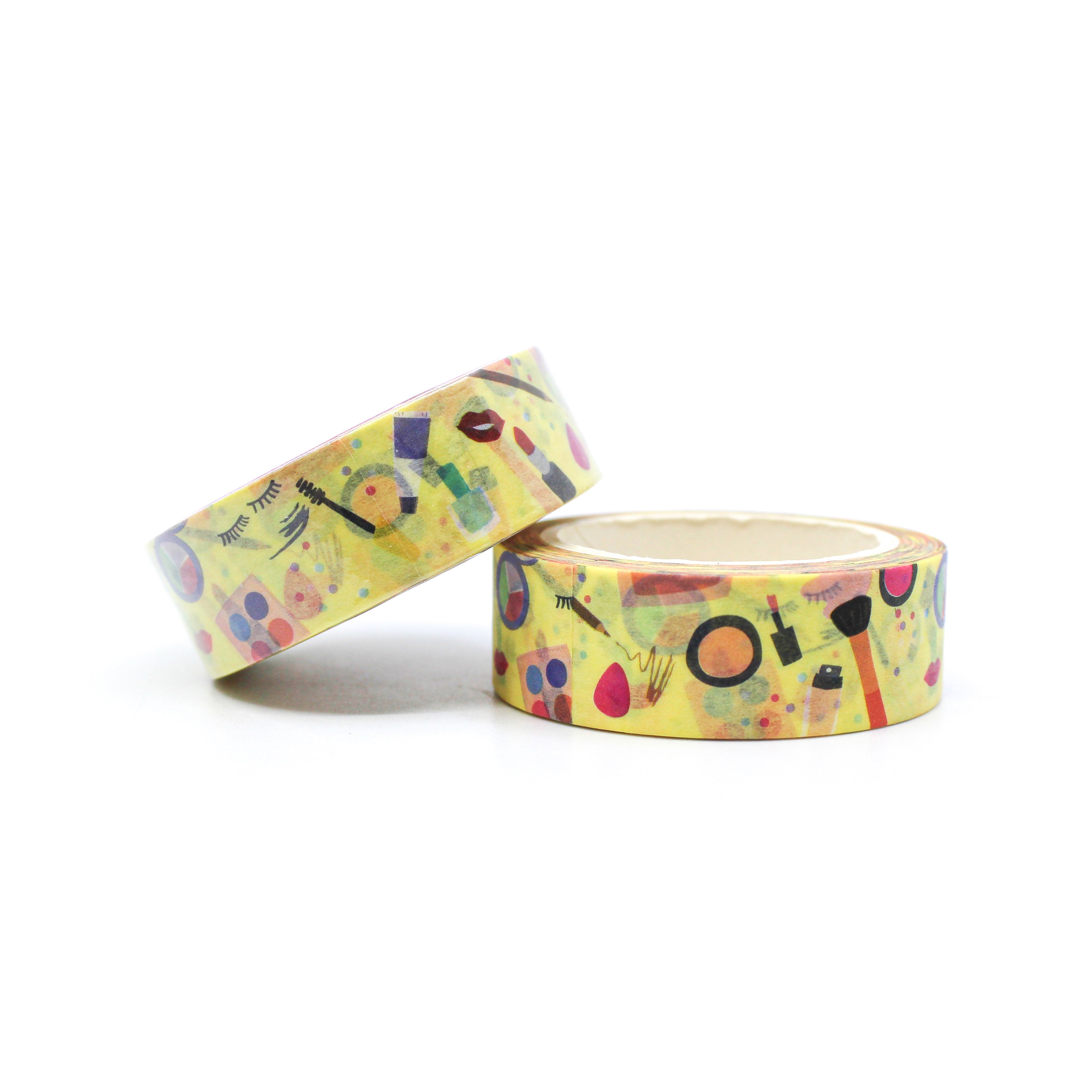 This is a variety of woman makeup items and beauty products on yellow foil pattern washi tape for Journal Supplies, Scrapbooking washi tapes from BBB Supplies Craft Shop