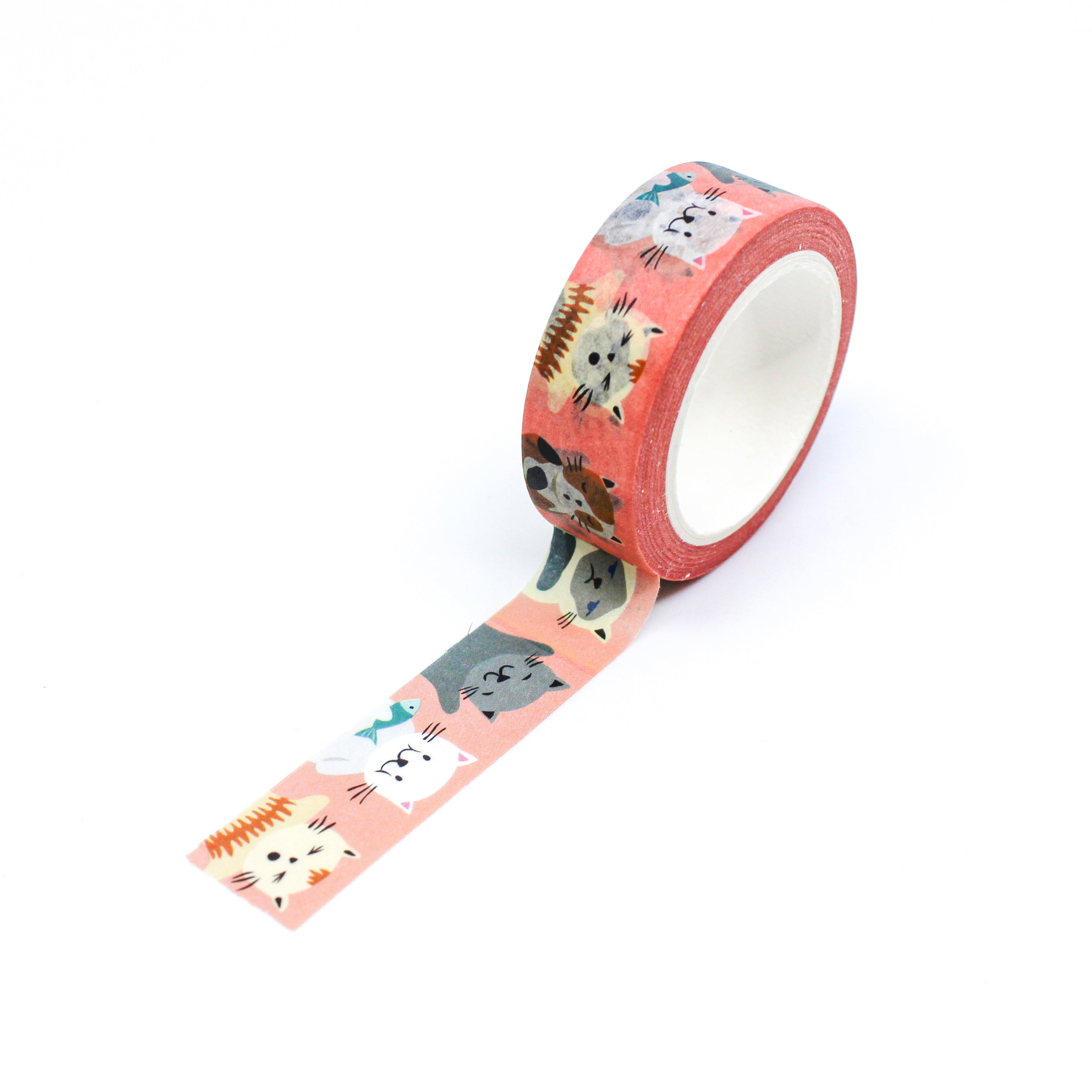 This is full pattern repeat view of an orange foil with cute cat faces washi tape from BBB Supplies Craft Shop